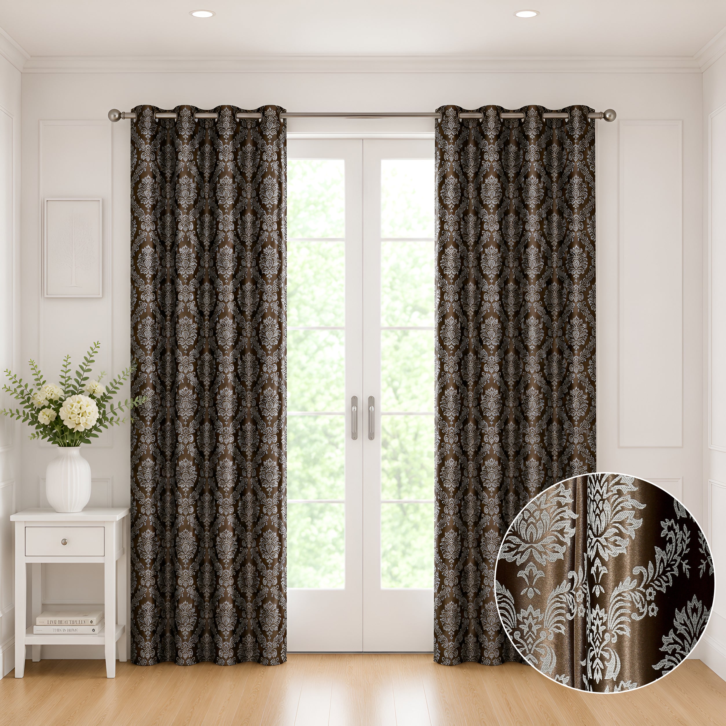 Daisy Door Curtains 60% Light Filtering Poly Knitted 200 GSM Damask Brown
