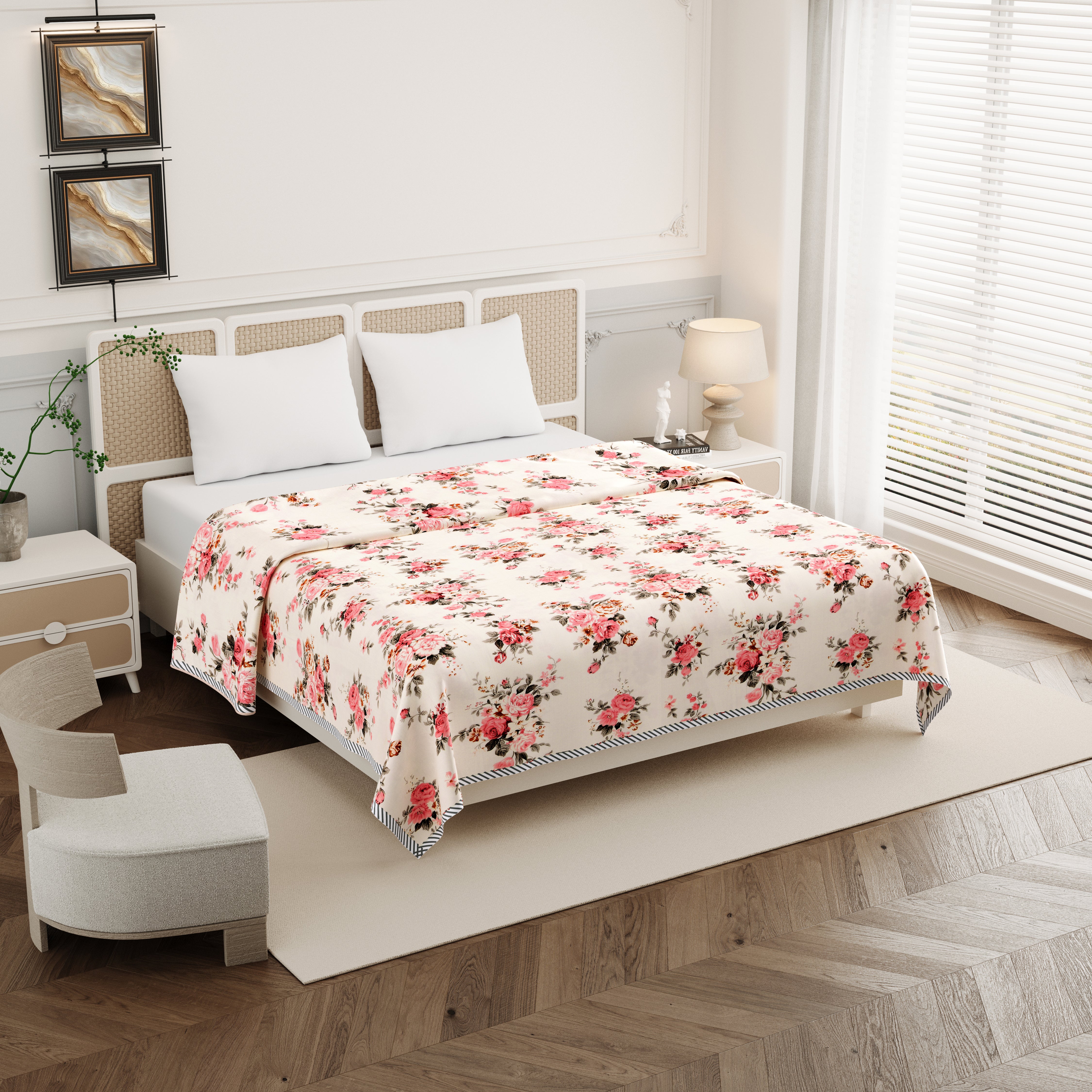 Rose Double Dohar Dull Cotton Floral Bunch Pink