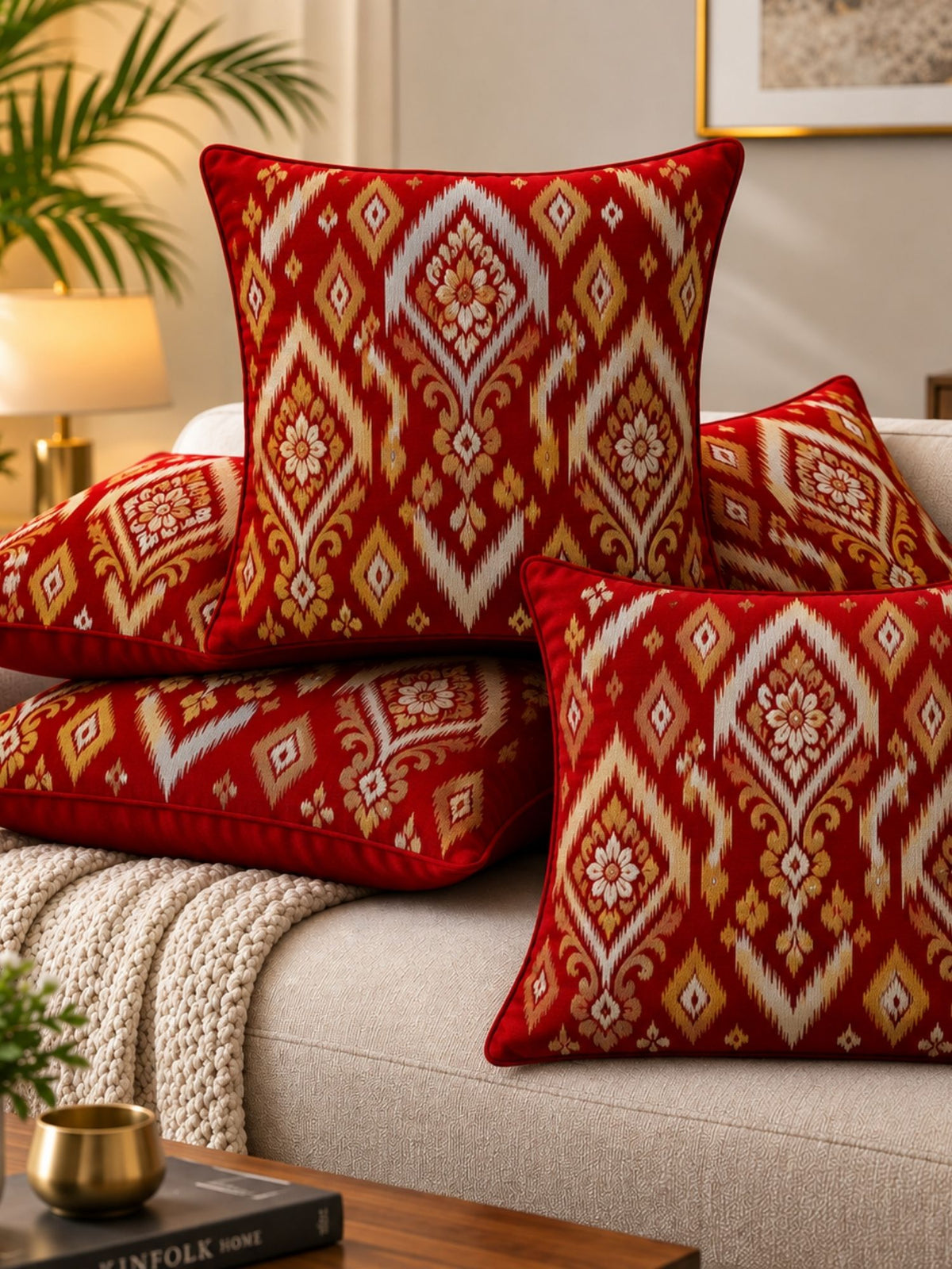 Regal Textures Micropeach Ethnic Motif Print Pack of 5 Cushion Covers (40 x 40 cm) - Red