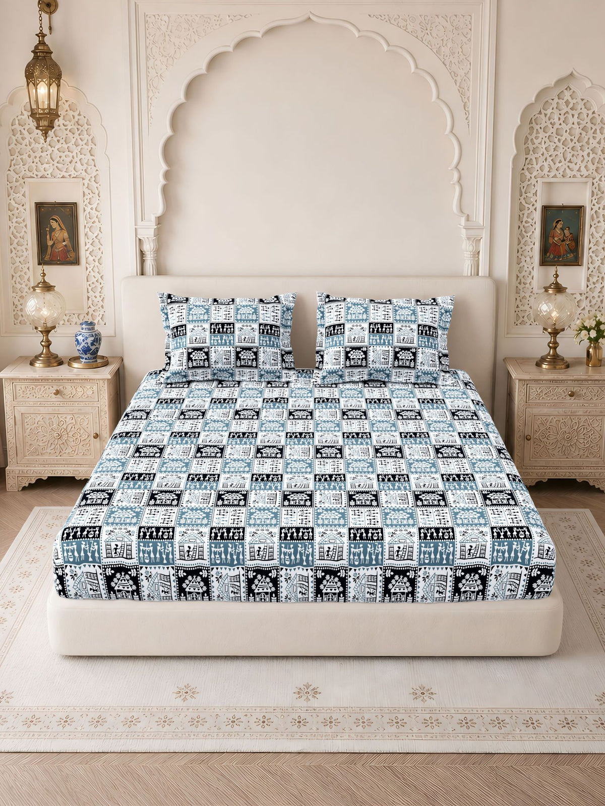 Lok Story Fitted Sheet with 2 Pillow Covers 130 GSM Micropeach Tribal Life