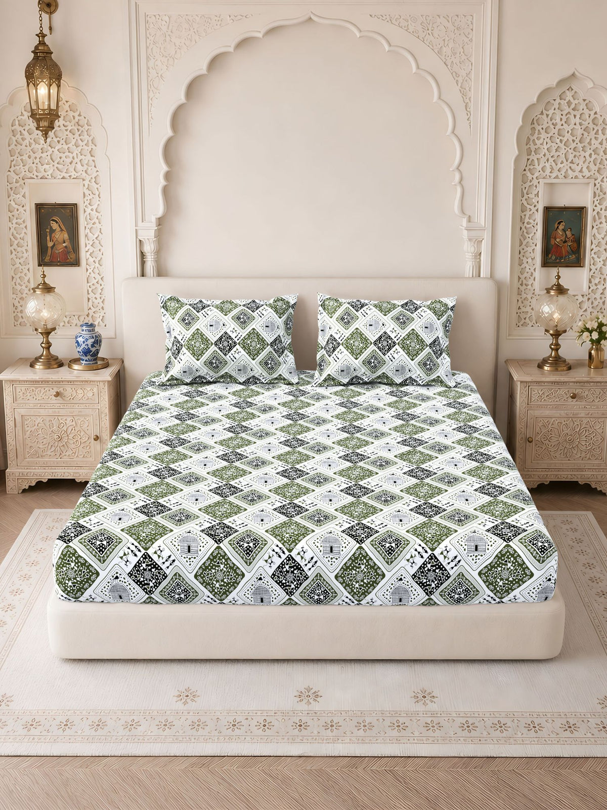 Lok Story Fitted Sheet with 2 Pillow Covers 130 GSM Micropeach Tribal Life