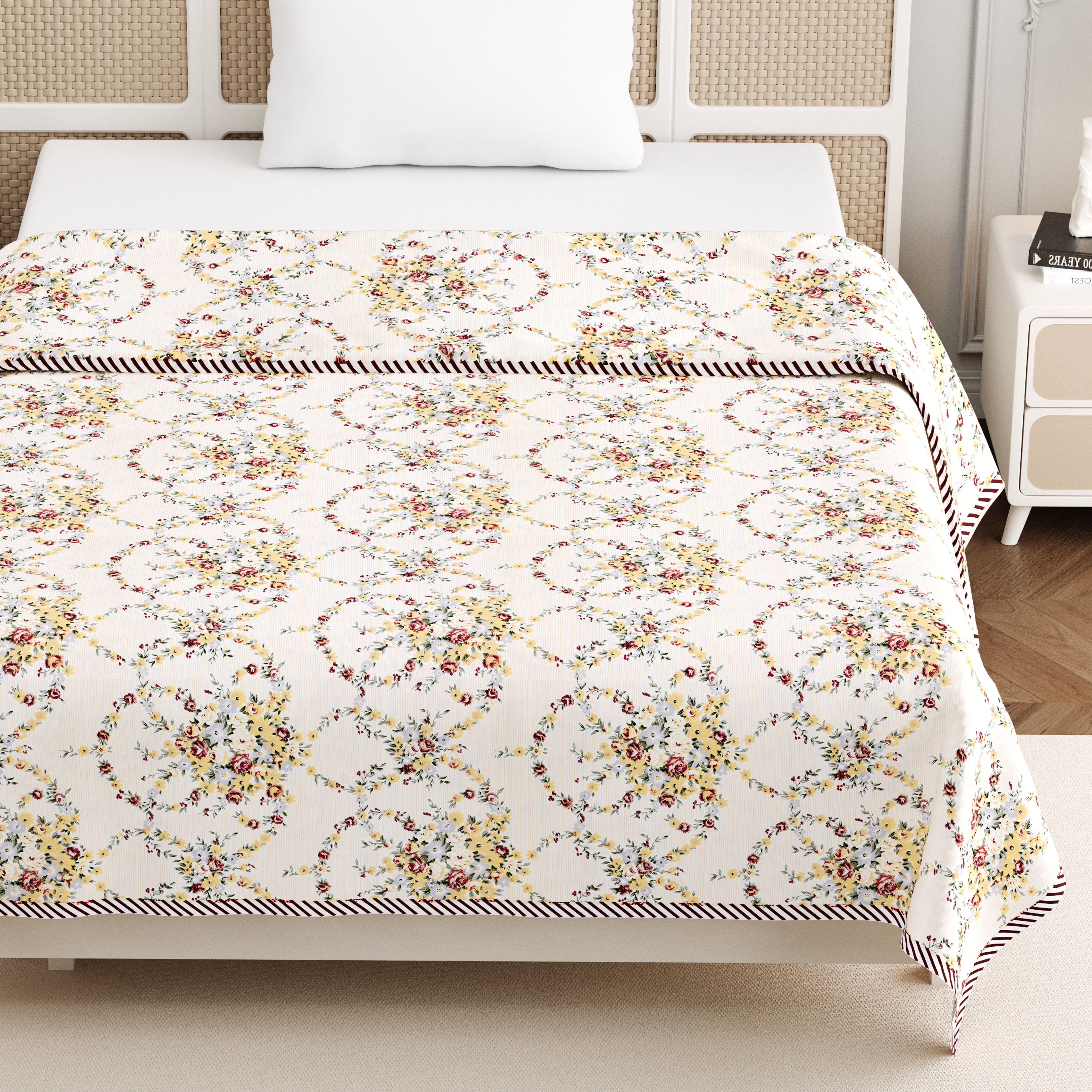Rose Single Dohar Dull Cotton Floral Wreath Cream