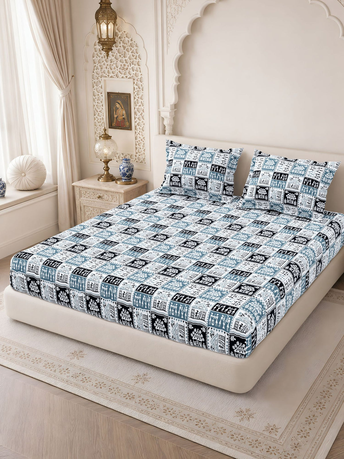 Lok Story Fitted Sheet with 2 Pillow Covers 130 GSM Micropeach Tribal Life