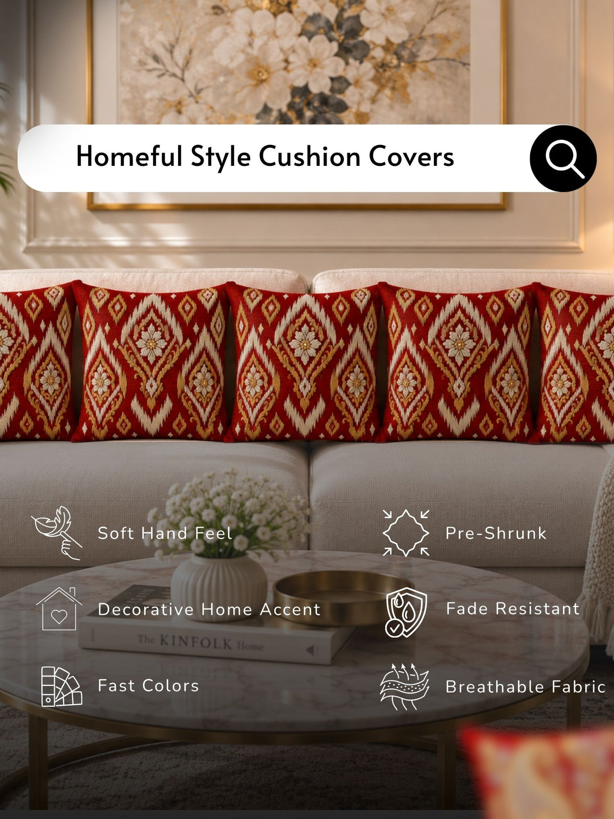 Regal Textures Micropeach Ethnic Motif Print Pack of 5 Cushion Covers (40 x 40 cm) - Red
