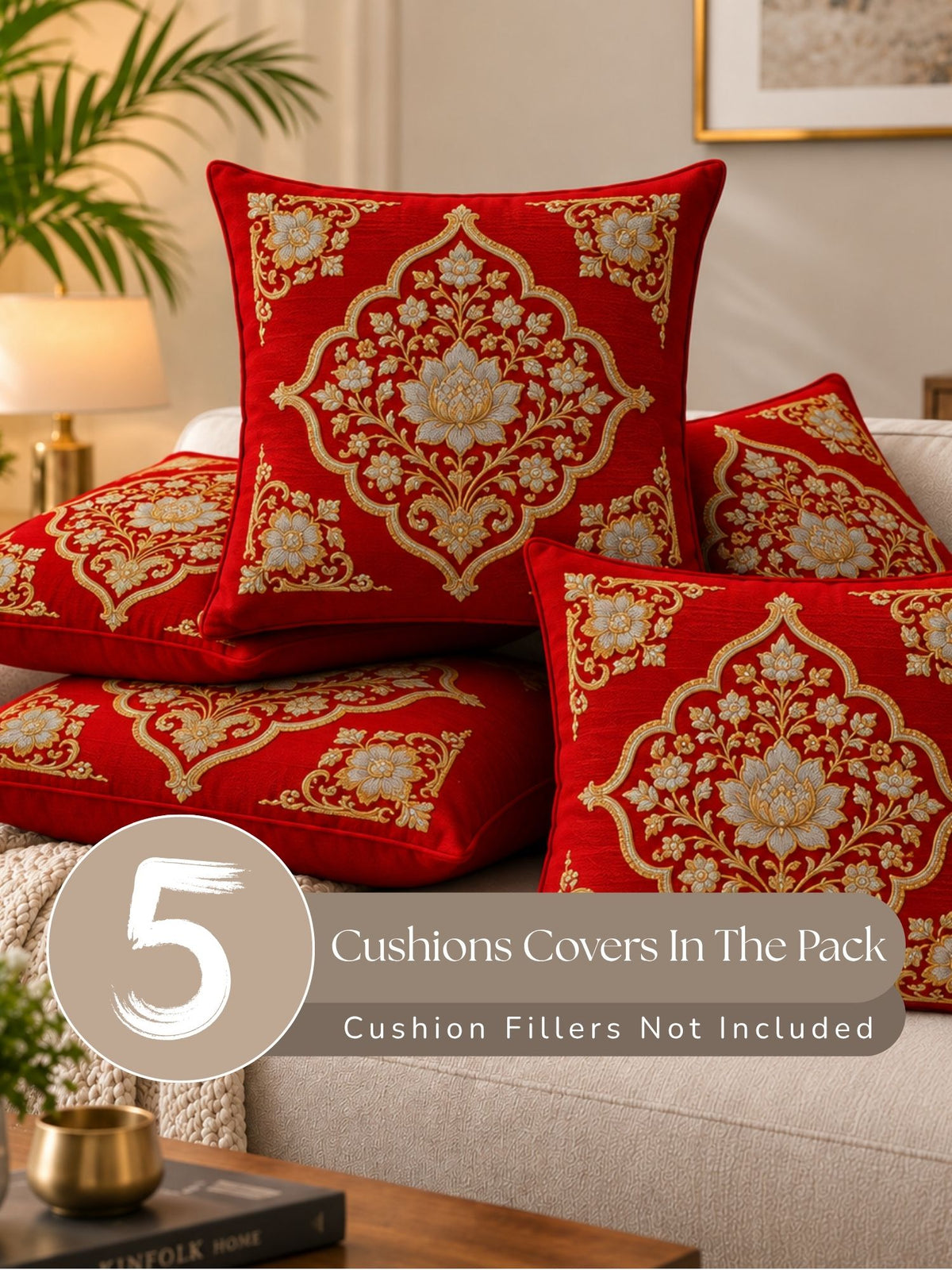 Regal Textures Micropeach Ethnic Motif Print Pack of 5 Cushion Covers (40 x 40 cm) - Red