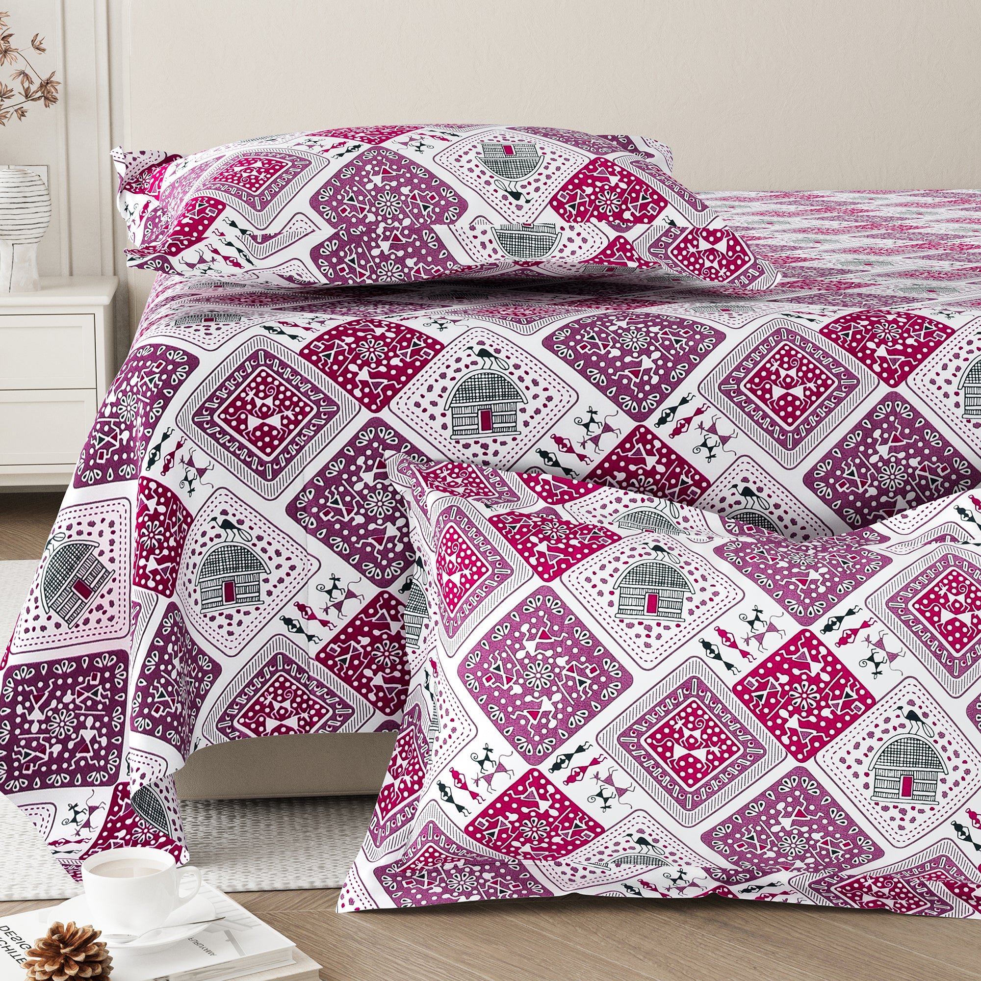 Lok Story Queen Bedsheet with 2 Pillow Covers 130 GSM Micropeach Tribal Life Pink