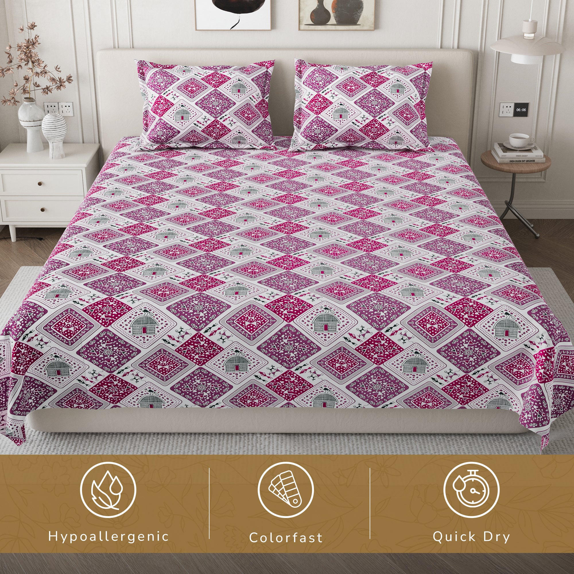 Lok Story Queen Bedsheet with 2 Pillow Covers 130 GSM Micropeach Tribal Life Pink