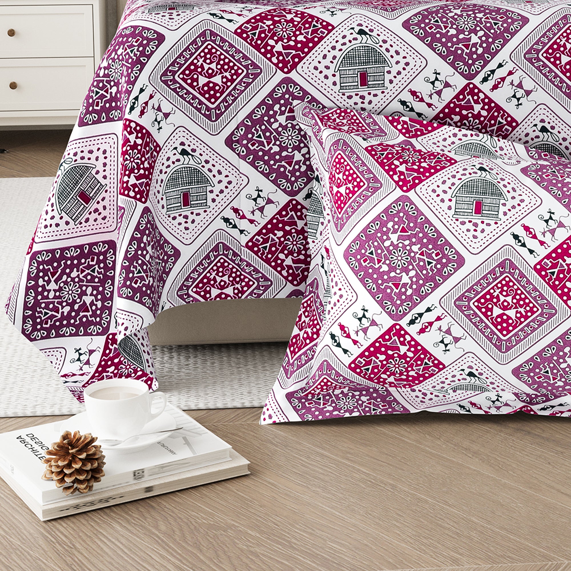 Lok Story Single Bedsheet with 1 Pillow Cover 130 GSM Micropeach Tribal Life Pink