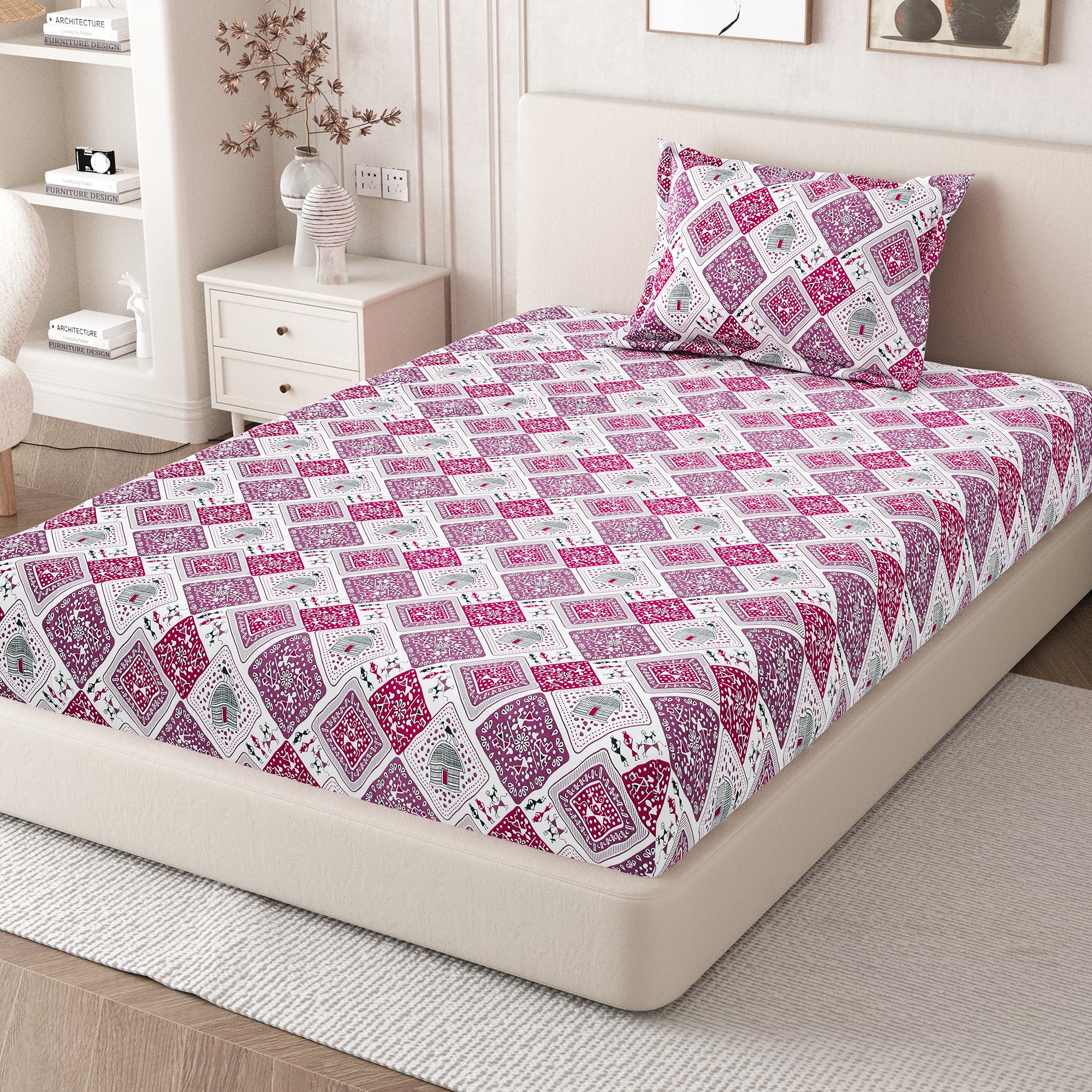 Lok Story Single Bedsheet with 1 Pillow Cover 130 GSM Micropeach Tribal Life Pink