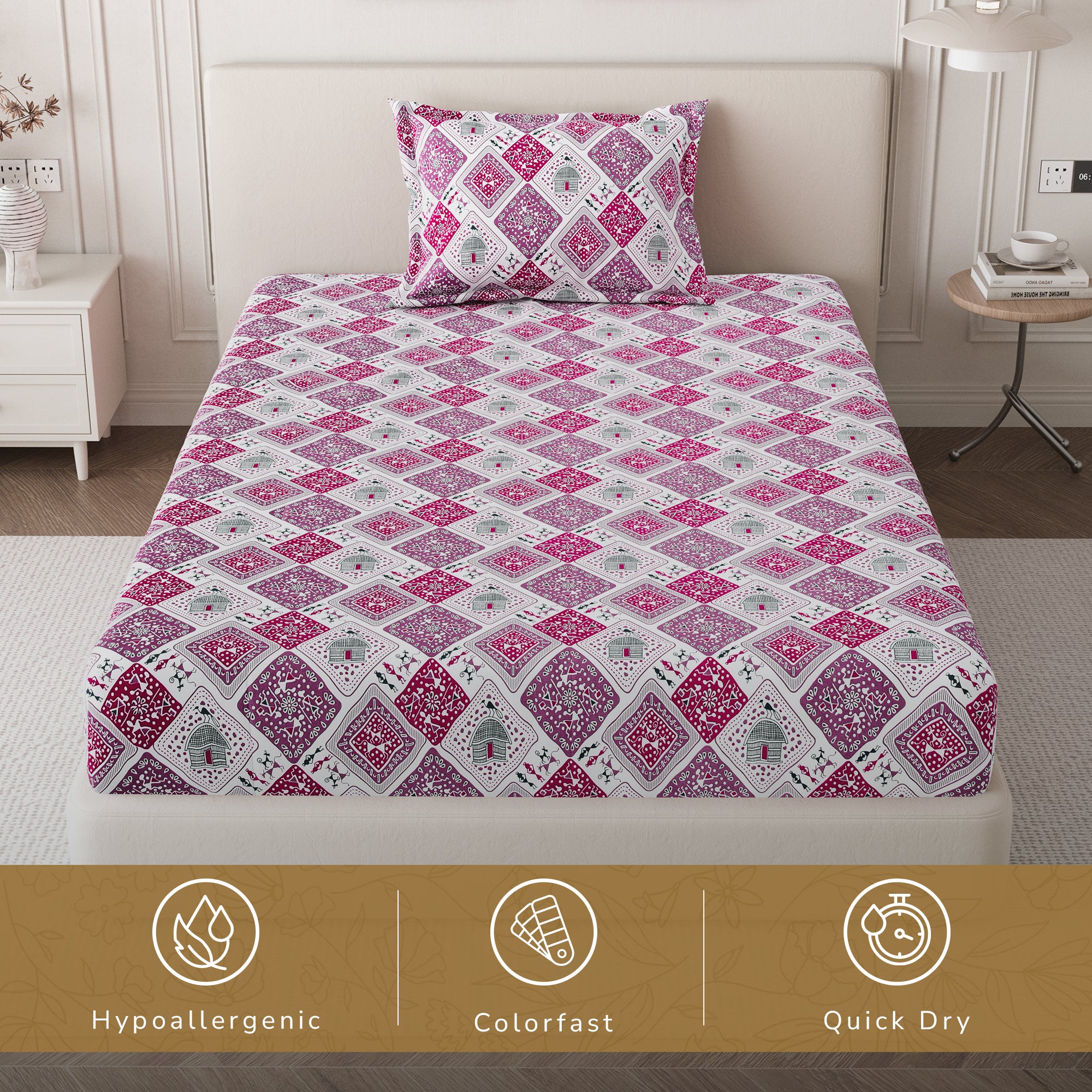 Lok Story Single Bedsheet with 1 Pillow Cover 130 GSM Micropeach Tribal Life Pink