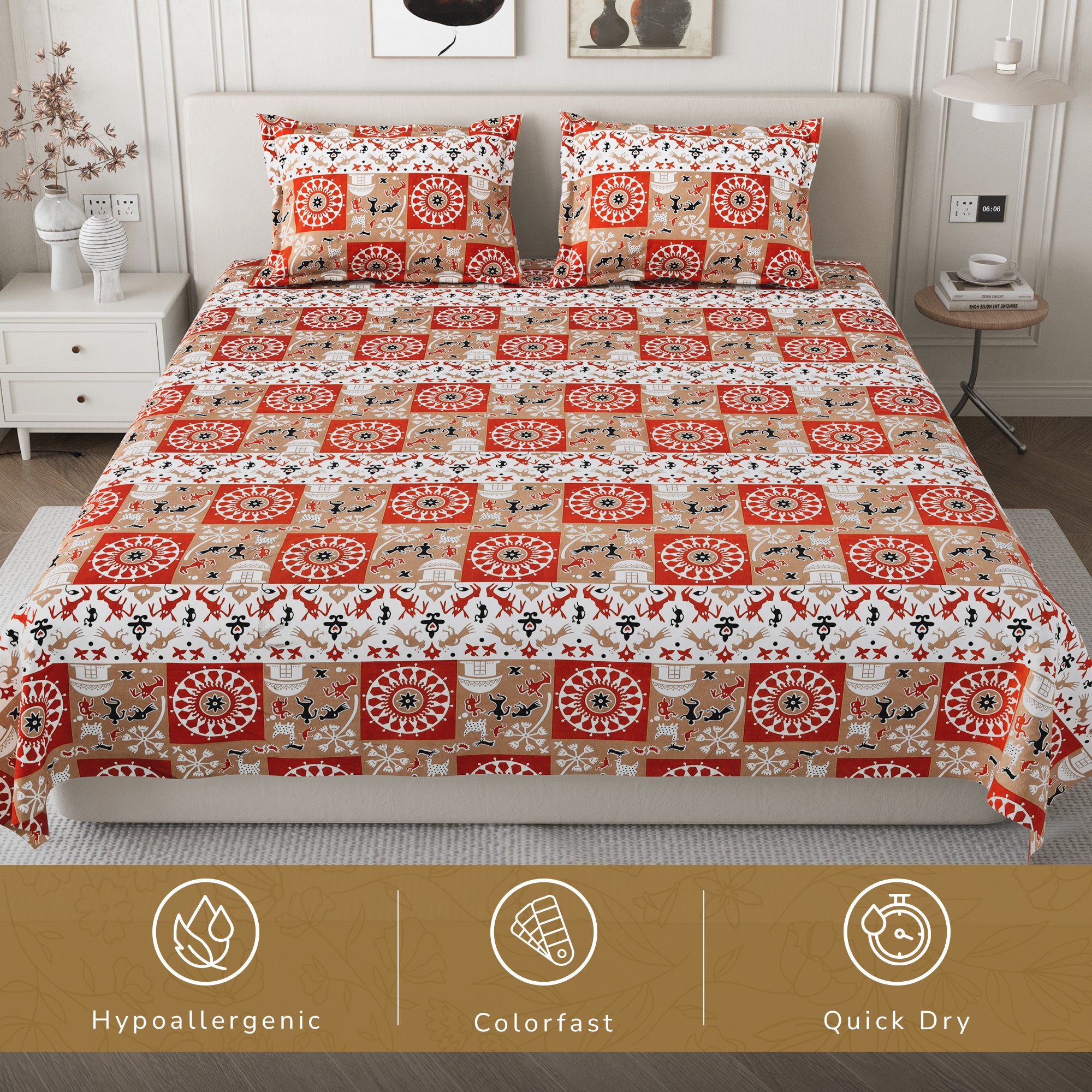 Lok Story Queen Bedsheet with 2 Pillow Covers 130 GSM Micropeach Tribal Village Rust