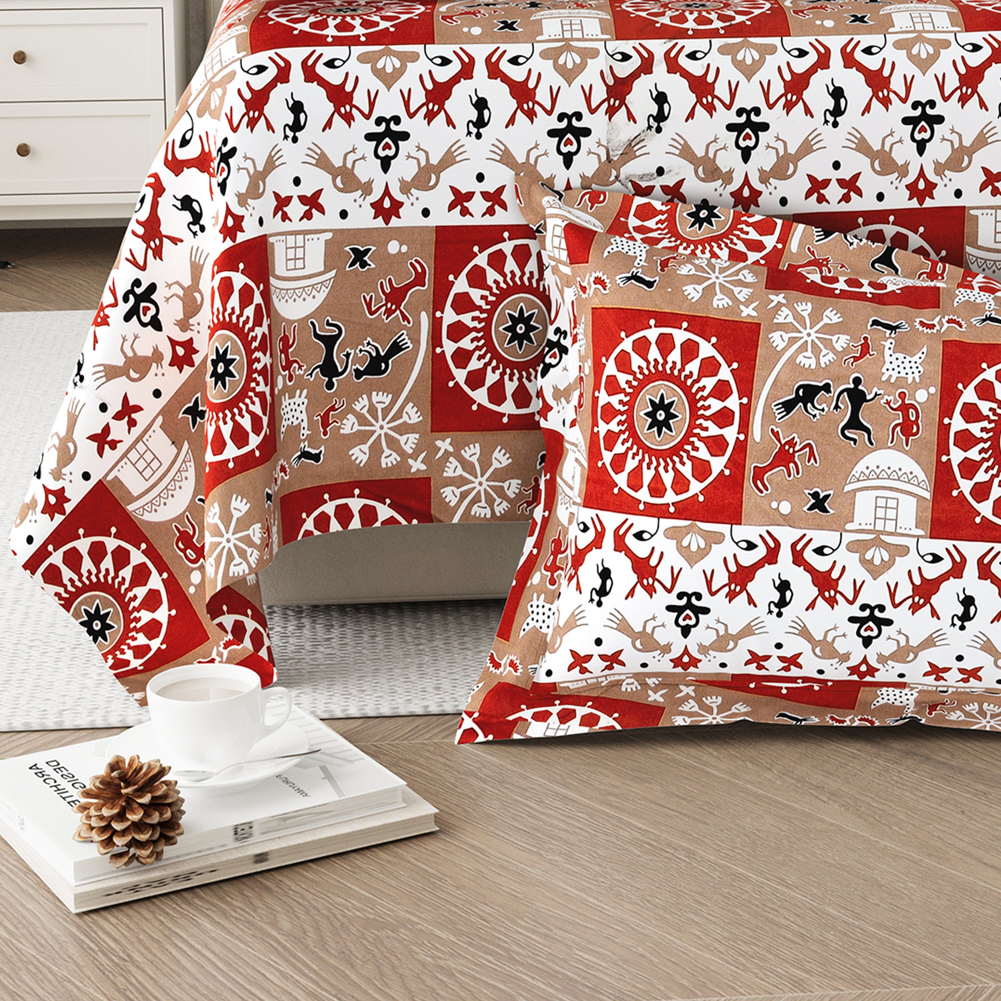 Lok Story Single Bedsheet with 1 Pillow Cover 130 GSM Micropeach Tribal Village Rust