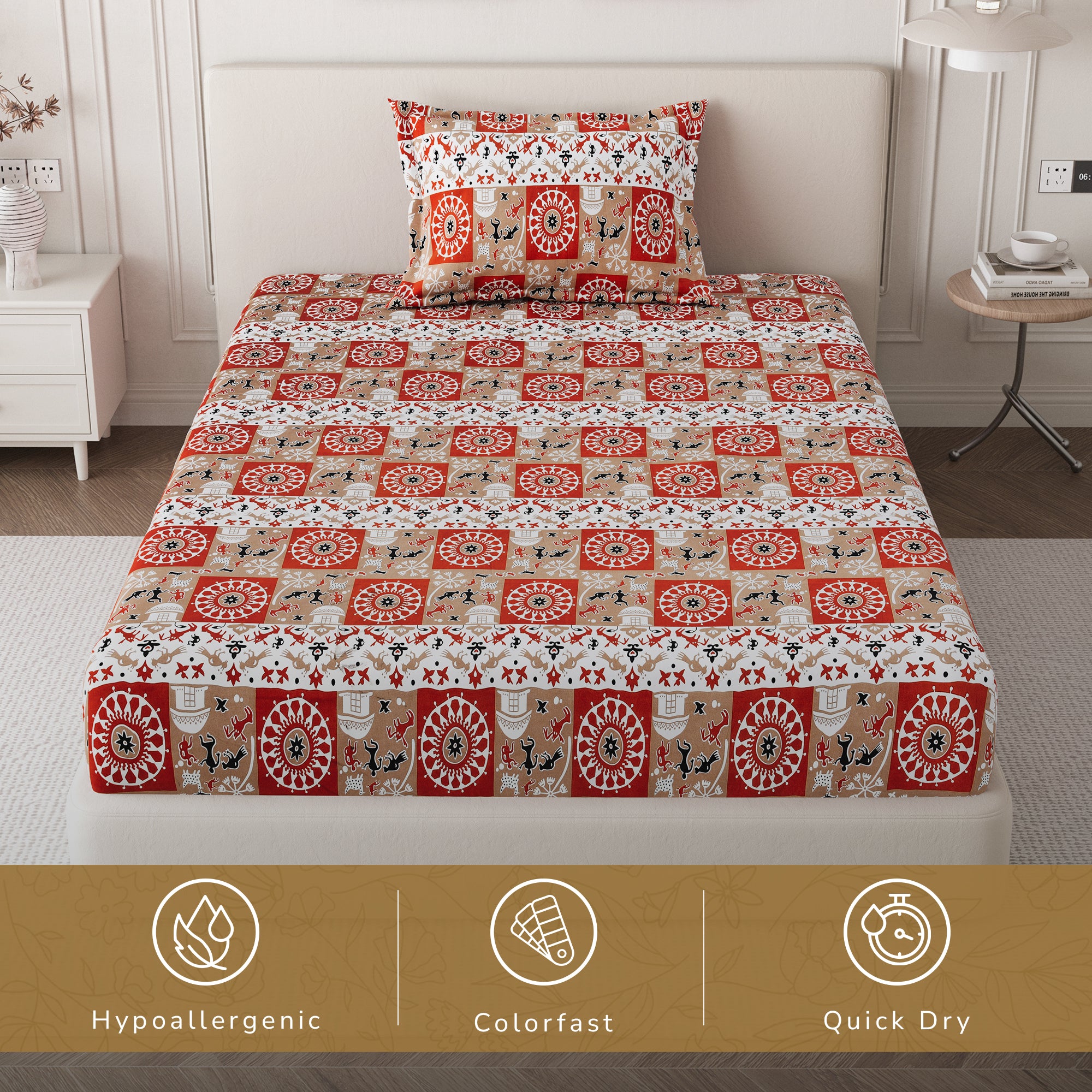 Lok Story Single Bedsheet with 1 Pillow Cover 130 GSM Micropeach Tribal Village Rust