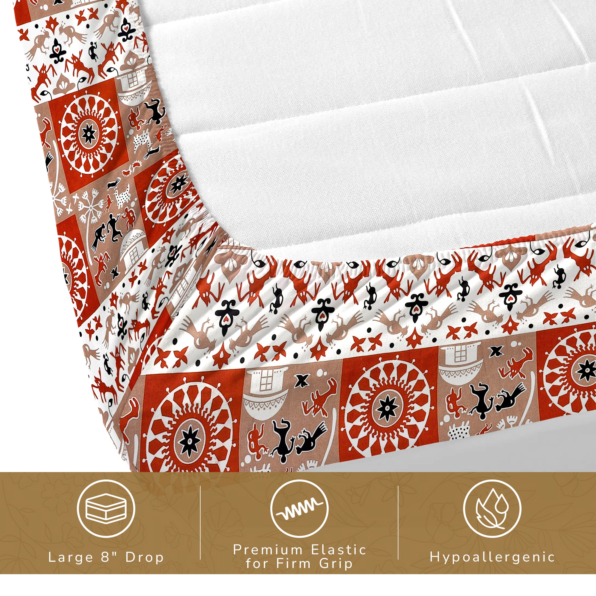 Lok Story King Fitted Sheet with 2 Pillow Covers 130 GSM Micropeach Tribal Village Rust
