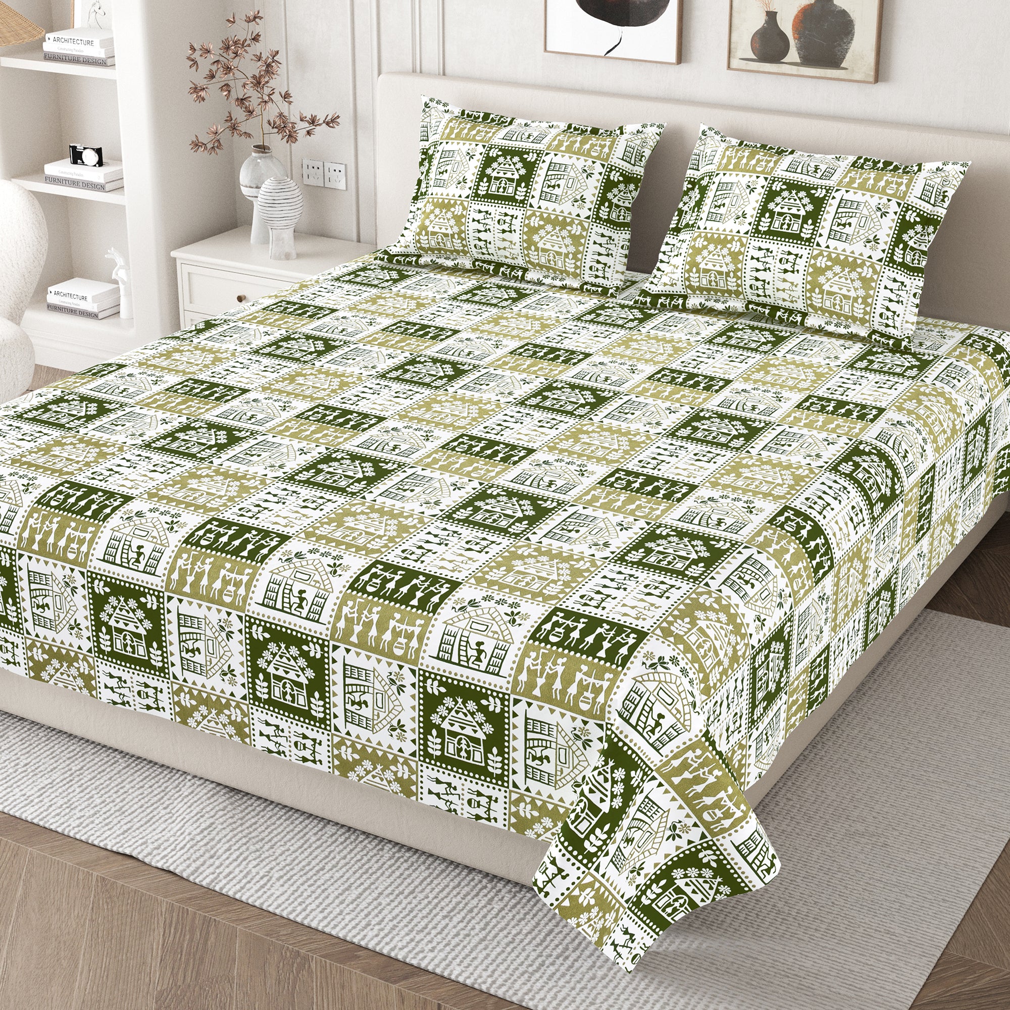 Lok Story Queen Bedsheet with 2 Pillow Covers 130 GSM Micropeach Tribal Style Green