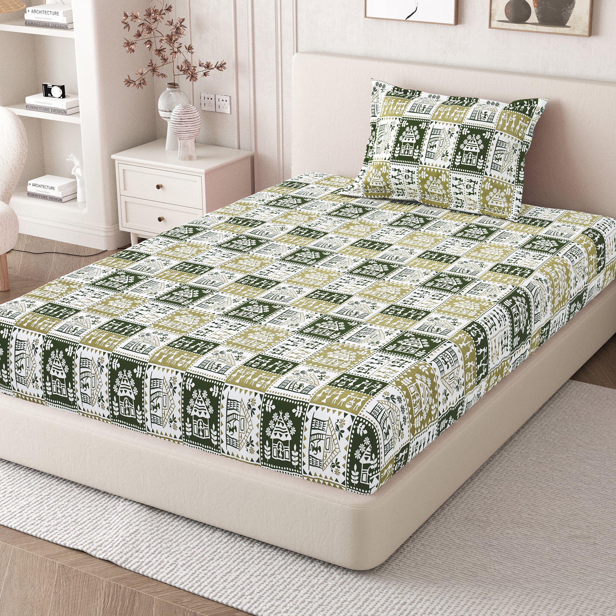 Lok Story Single Bedsheet with 1 Pillow Cover 130 GSM Micropeach Tribal Style Green