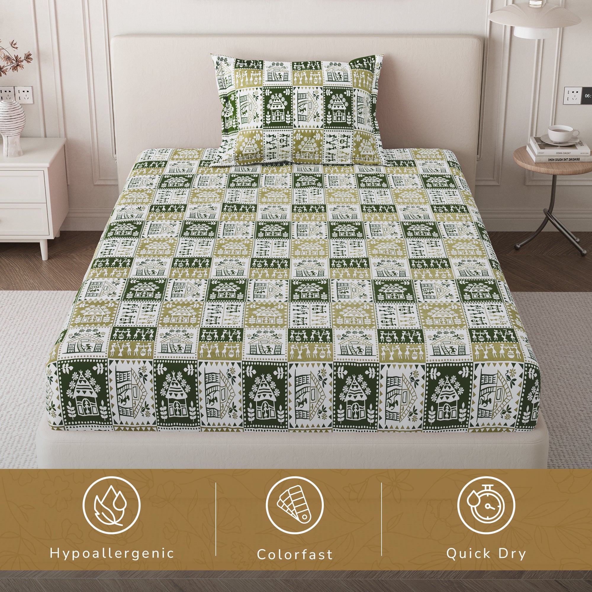 Lok Story Single Bedsheet with 1 Pillow Cover 130 GSM Micropeach Tribal Style Green