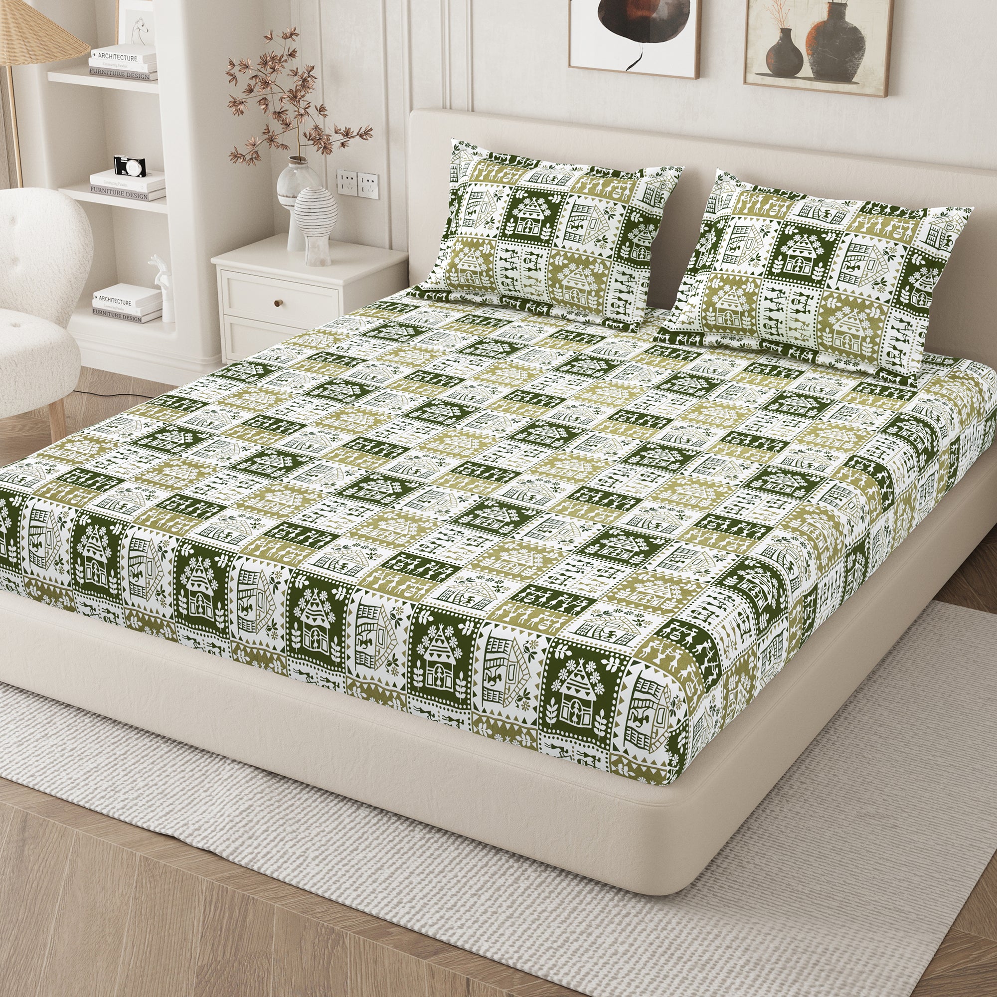 Lok Story Queen Fitted Sheet with 2 Pillow Covers 130 GSM Micropeach Tribal Style Green
