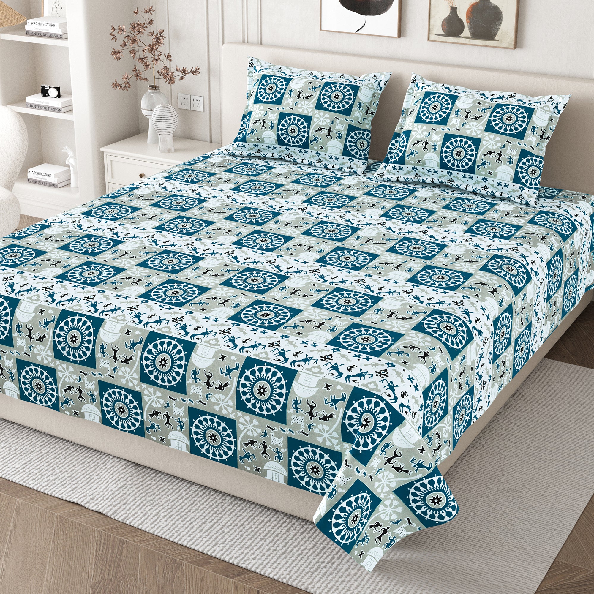 Lok Story Queen Bedsheet with 2 Pillow Covers 130 GSM Micropeach Tribal Festivals Blue
