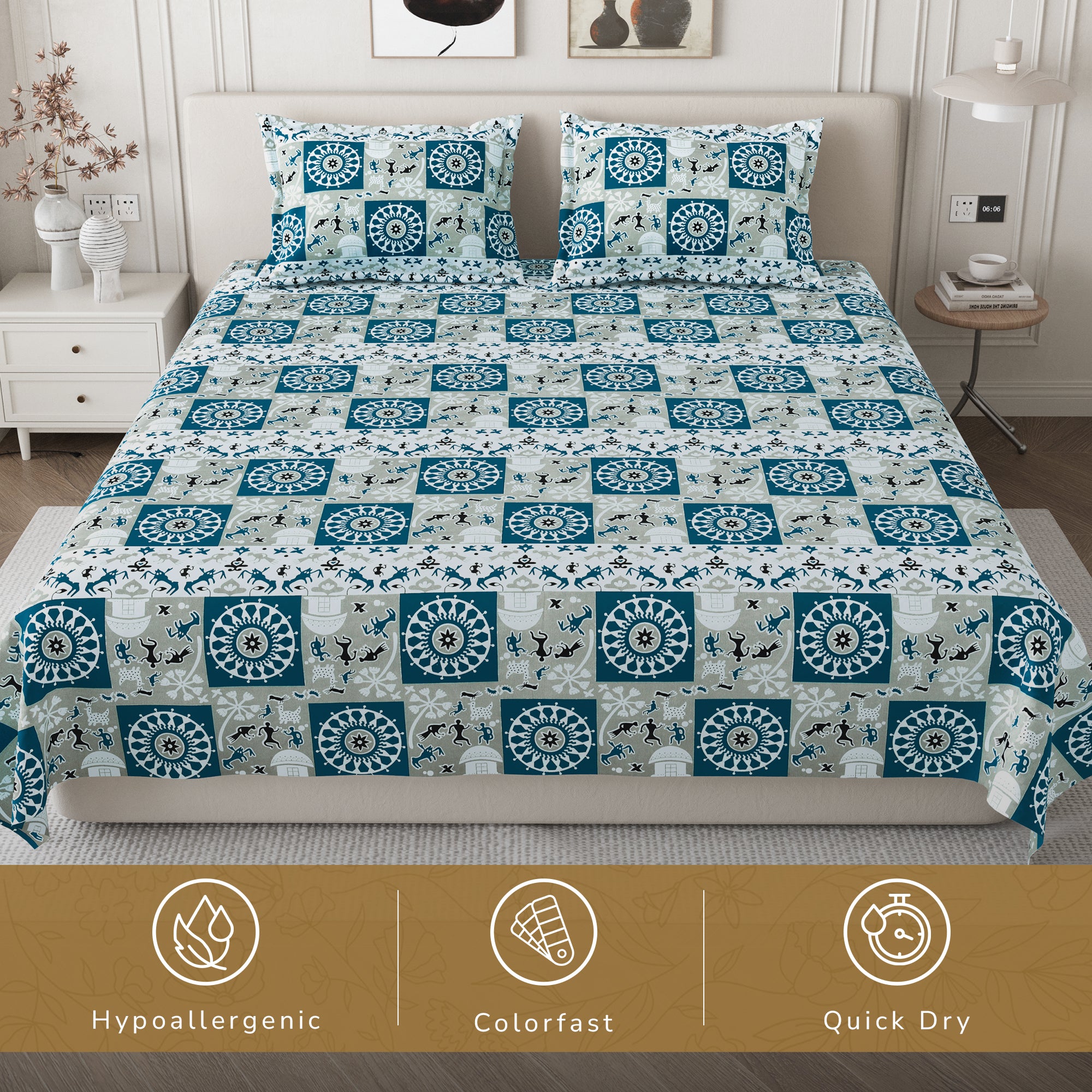Lok Story Queen Bedsheet with 2 Pillow Covers 130 GSM Micropeach Tribal Festivals Blue