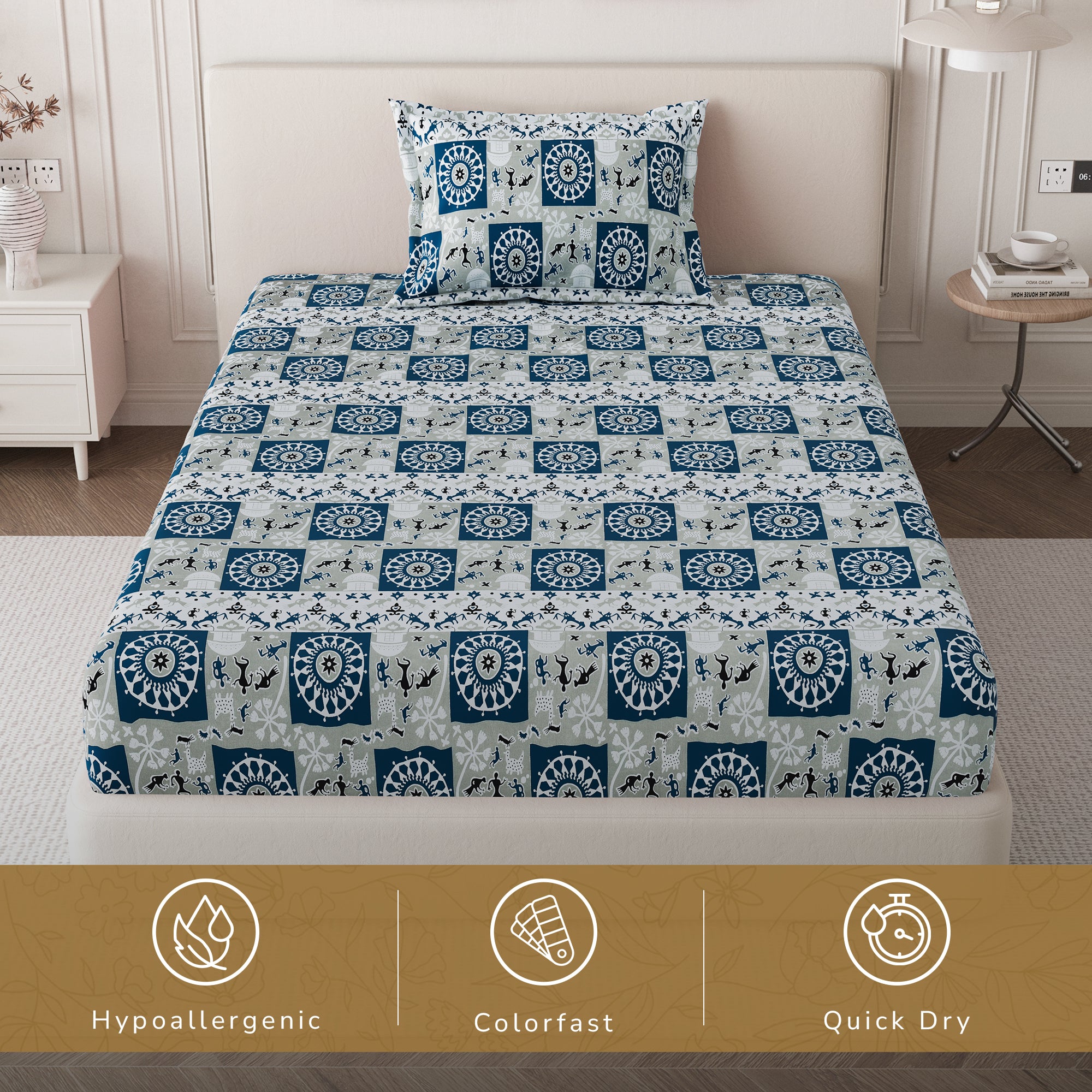 Lok Story Single Bedsheet with 1 Pillow Cover 130 GSM Micropeach Tribal Festivals Blue