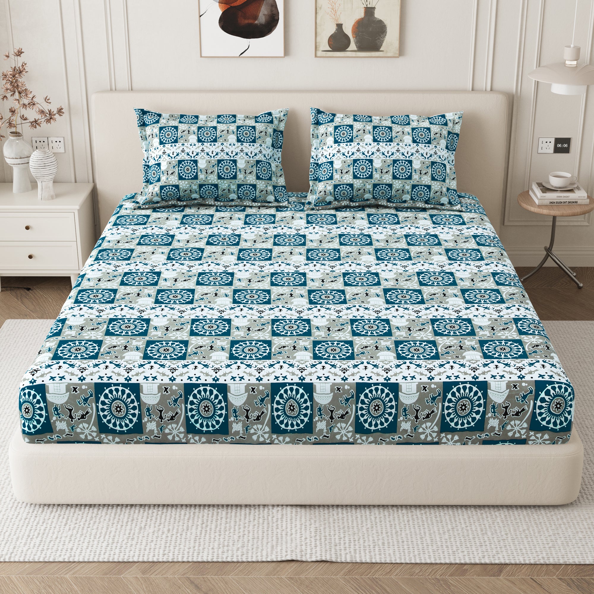 Lok Story King Fitted Sheet with 2 Pillow Covers 130 GSM Micropeach Tribal Festivals Blue