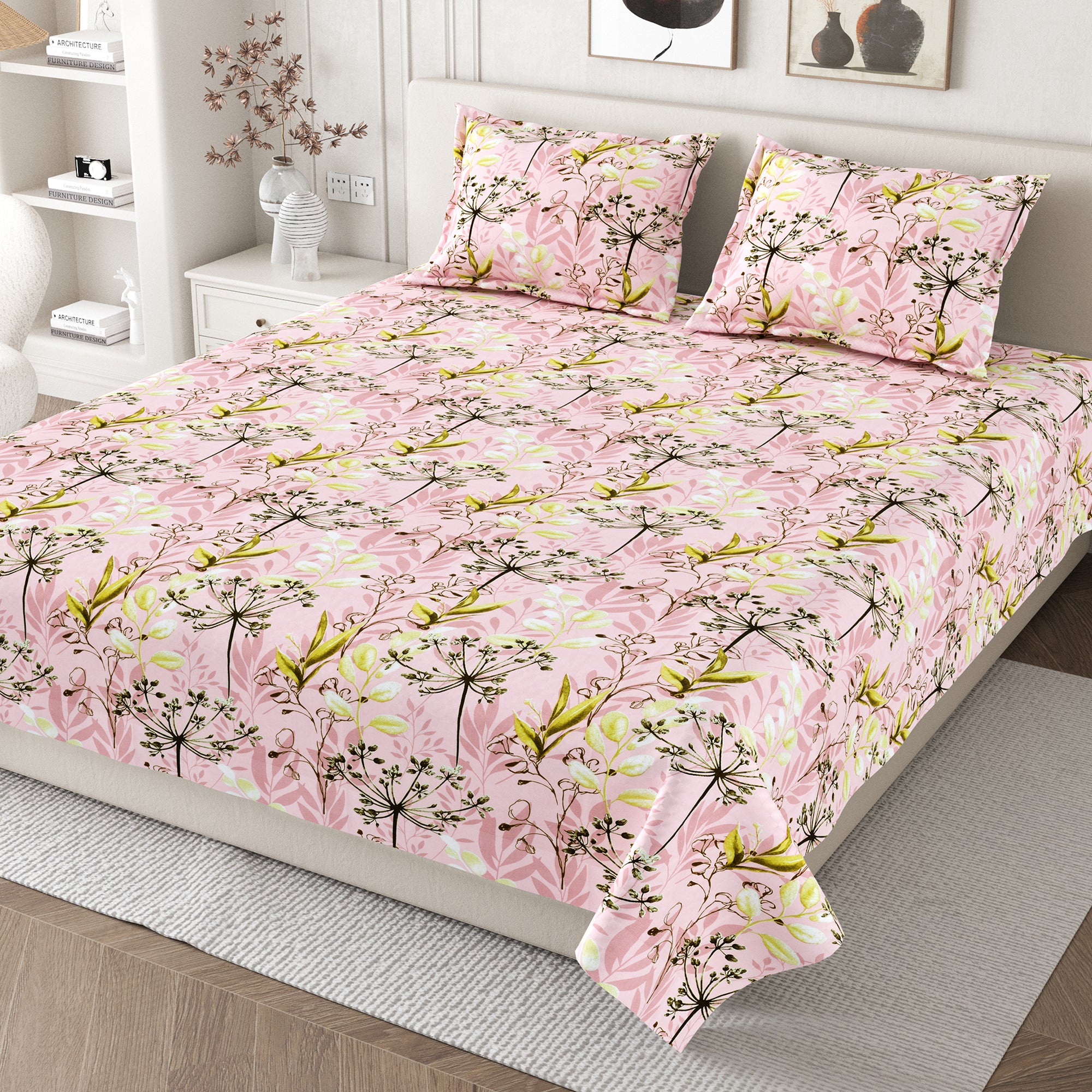 Daisy King Bedsheet with 2 Pillow Covers 130 GSM Micropeach Floral Foliage Green