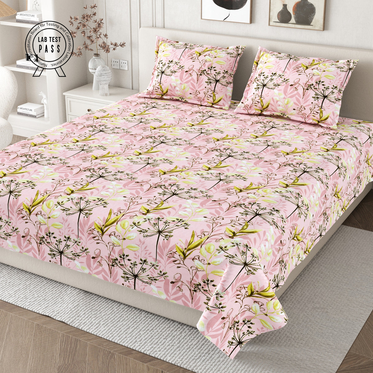 Daisy King Bedsheet with 2 Pillow Covers 130 GSM Micropeach Floral Foliage Green