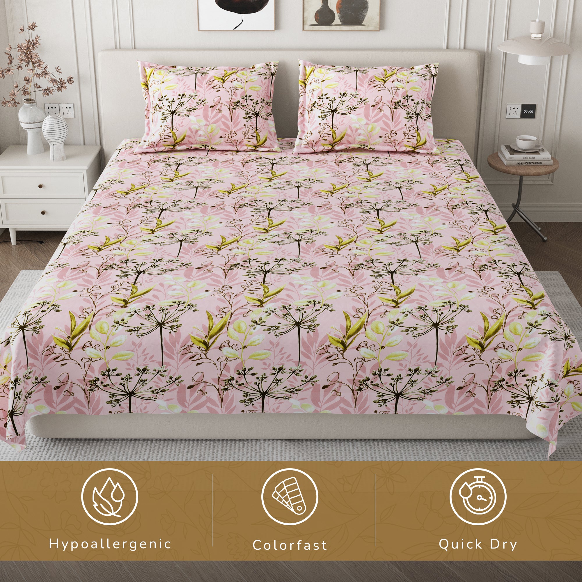 Daisy King Bedsheet with 2 Pillow Covers 130 GSM Micropeach Floral Foliage Green