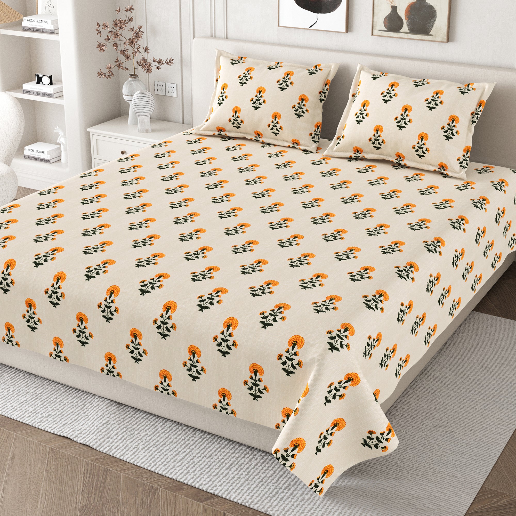 Daisy King Bedsheet with 2 Pillow Covers 130 GSM Micropeach Mughal Floral Yellow