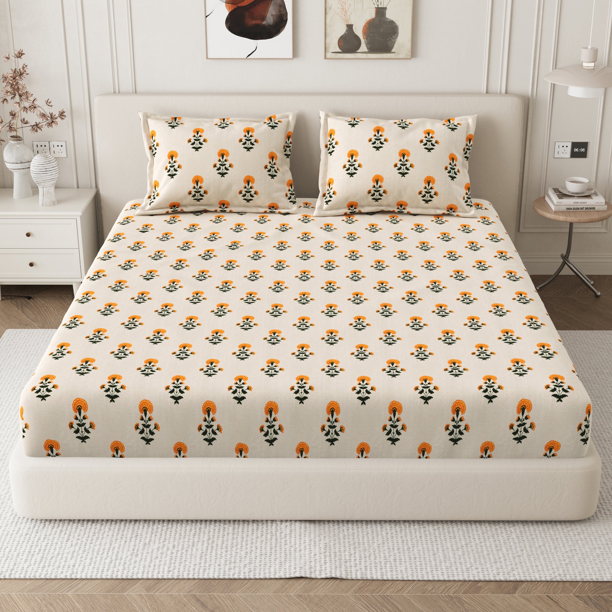 Daisy King Fitted Sheet with 2 Pillow Covers 130 GSM Micropeach Mughal Floral Yellow