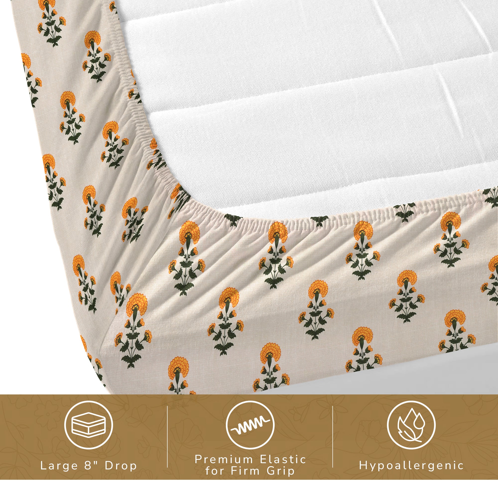 Daisy Queen Fitted Sheet with 2 Pillow Covers 130 GSM Micropeach Mughal Floral Yellow