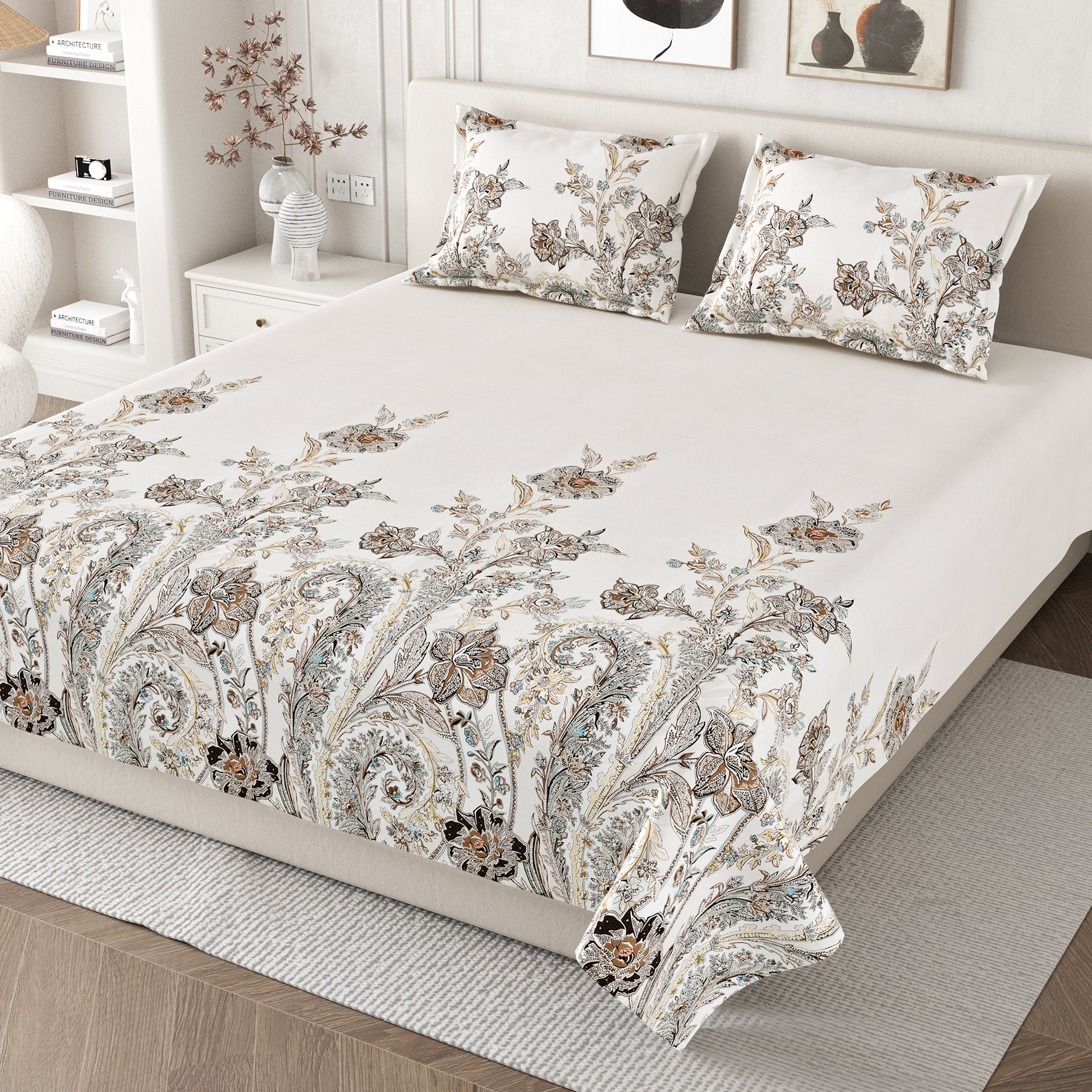 Daisy King Bedsheet with 2 Pillow Covers 130 GSM Micropeach Classic Paisley Brown