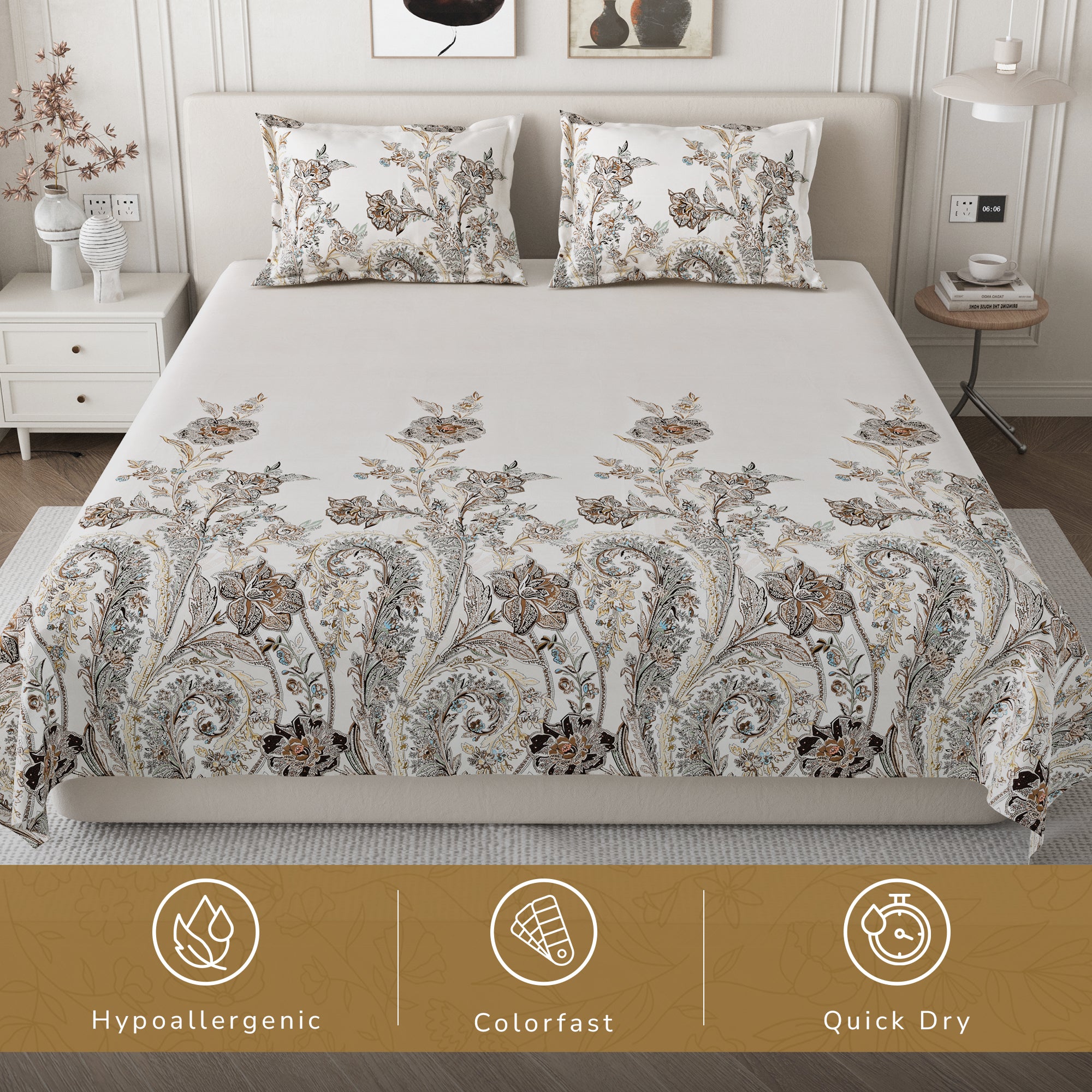 Daisy King Bedsheet with 2 Pillow Covers 130 GSM Micropeach Classic Paisley Brown