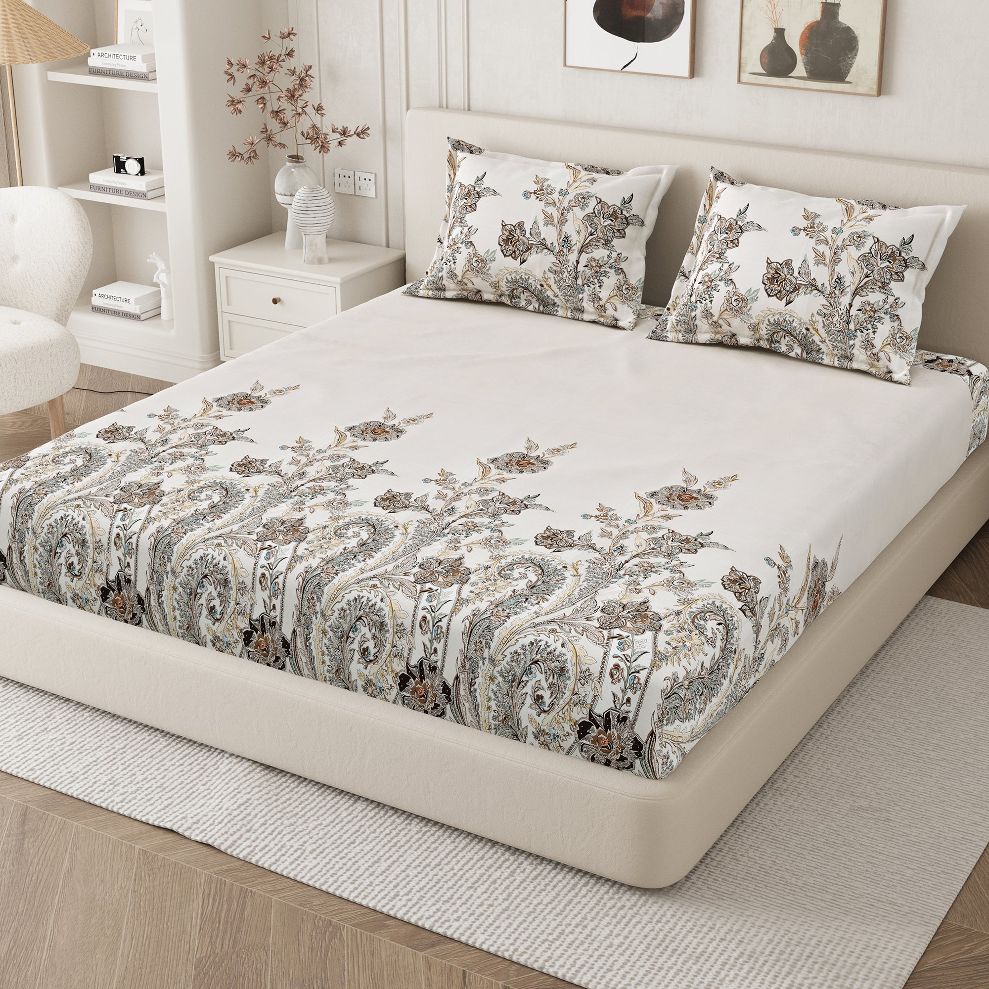 Daisy King Fitted Sheet with 2 Pillow Covers 130 GSM Micropeach Classic Paisley Brown