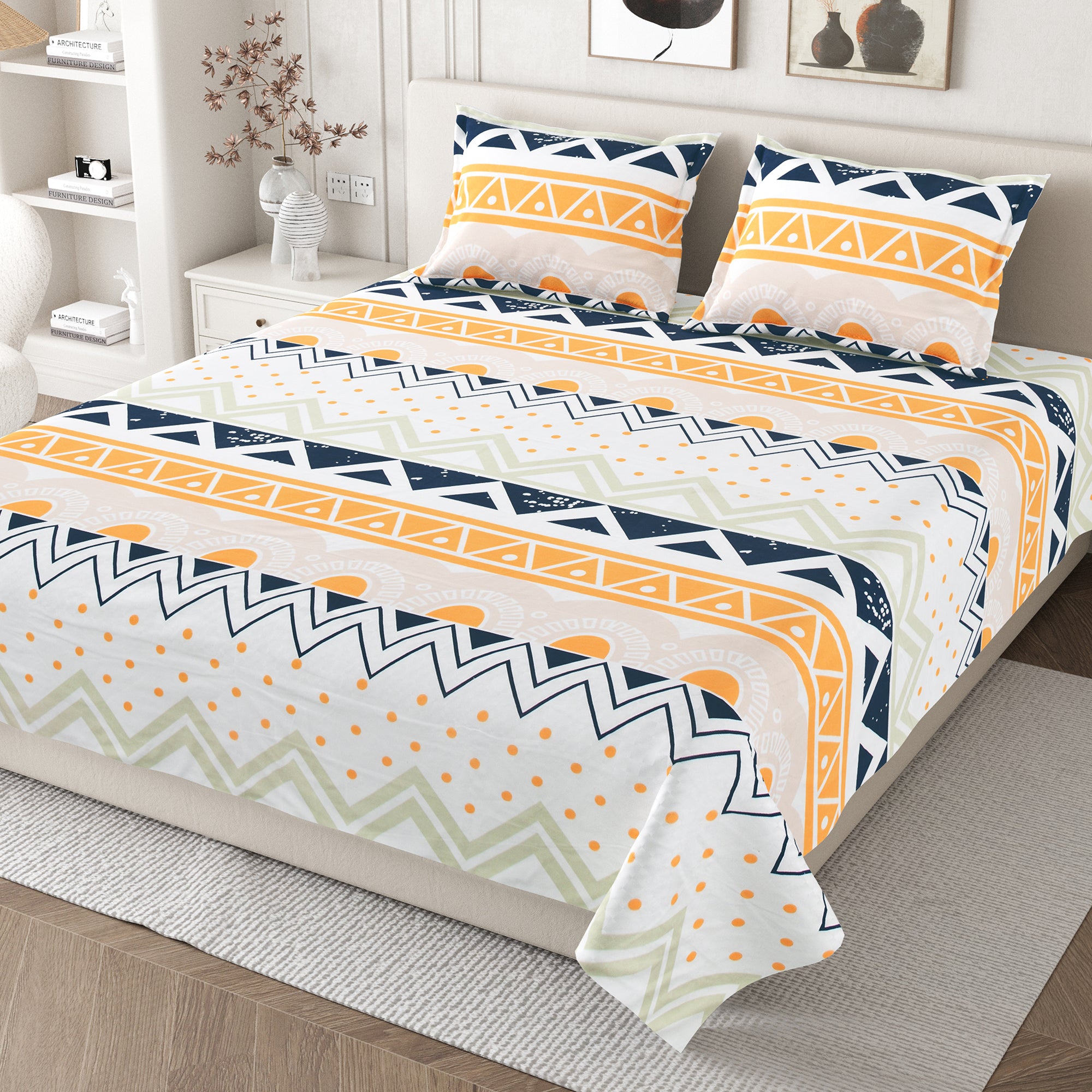 Daisy King Bedsheet with 2 Pillow Covers 130 GSM Micropeach Simple Geometrics Orange