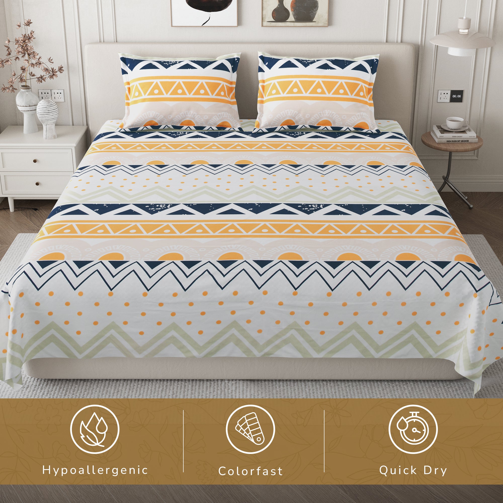 Daisy King Bedsheet with 2 Pillow Covers 130 GSM Micropeach Simple Geometrics Orange