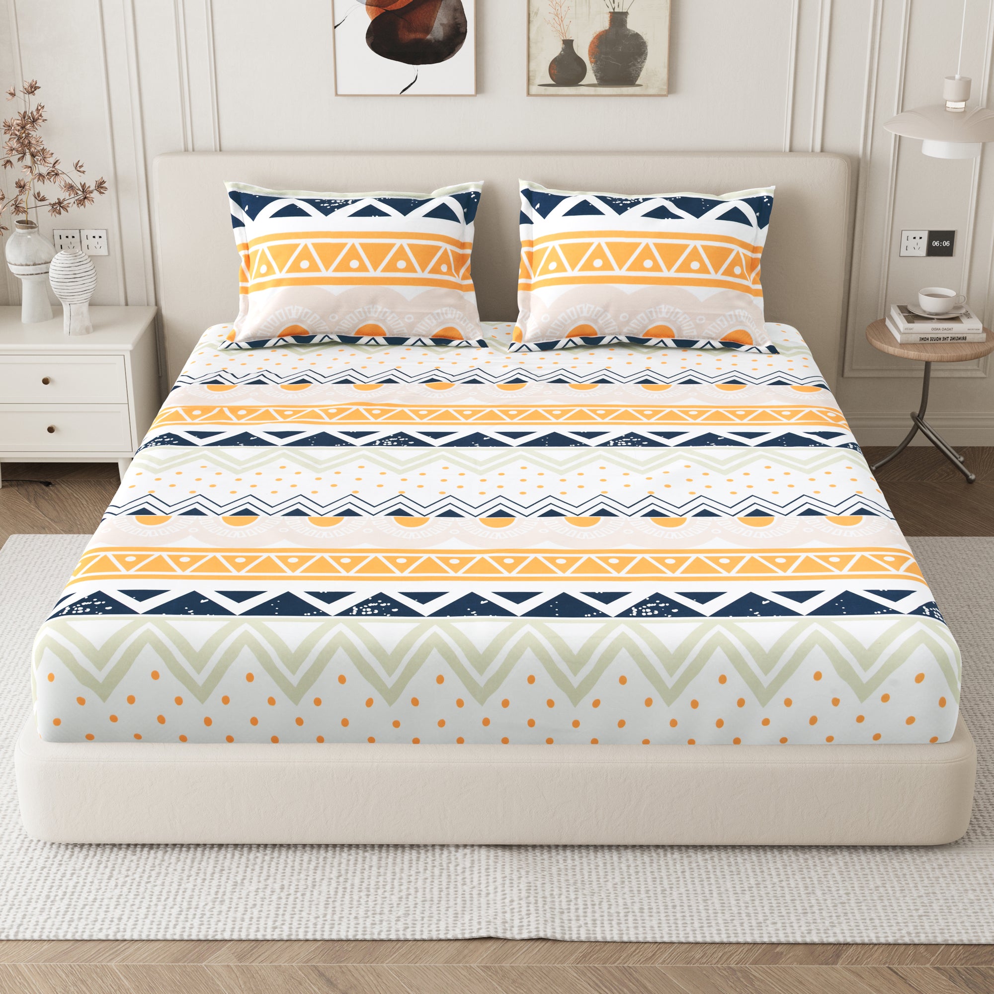 Daisy Queen Fitted Sheet with 2 Pillow Covers 130 GSM Micropeach Simple Geometrics Orange