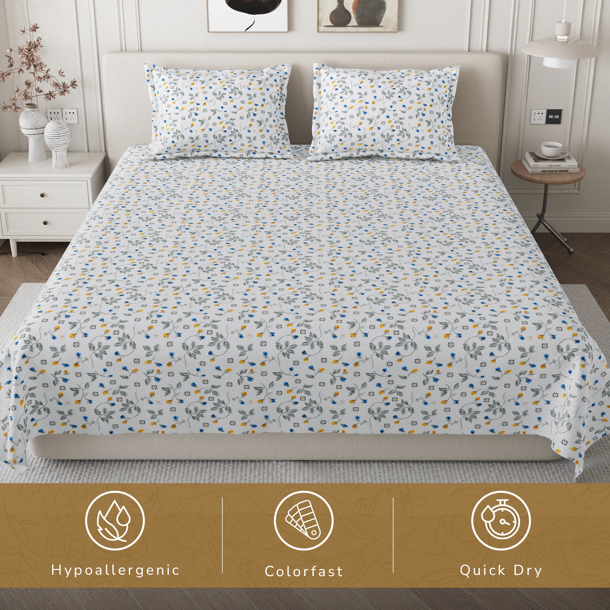 Daisy Queen Bedsheet with 2 Pillow Covers 130 GSM Micropeach Floral Beauty Blue