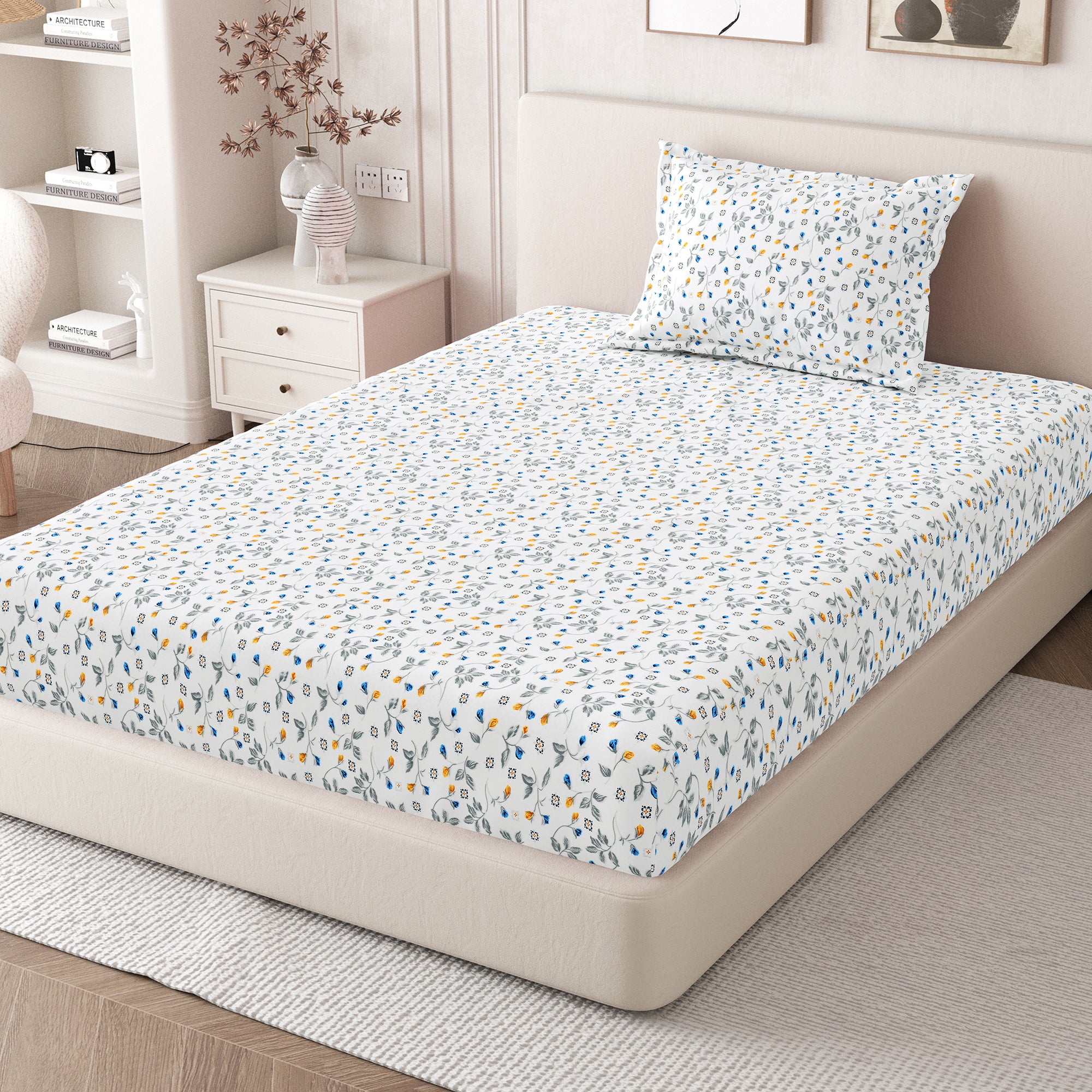 Daisy Single Bedsheet with 1 Pillow Cover 130 GSM Micropeach Floral Beauty Blue
