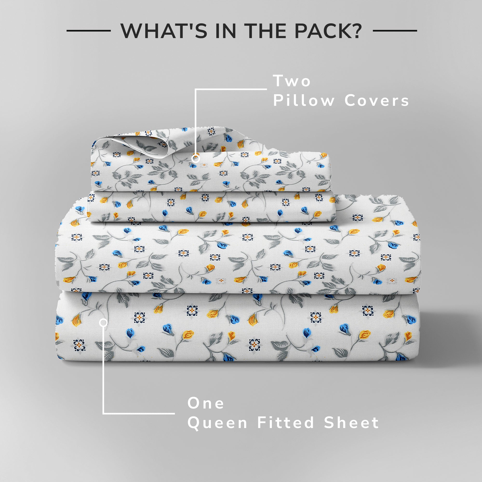 Daisy Queen Fitted Sheet with 2 Pillow Covers 130 GSM Micropeach Floral Beauty Blue