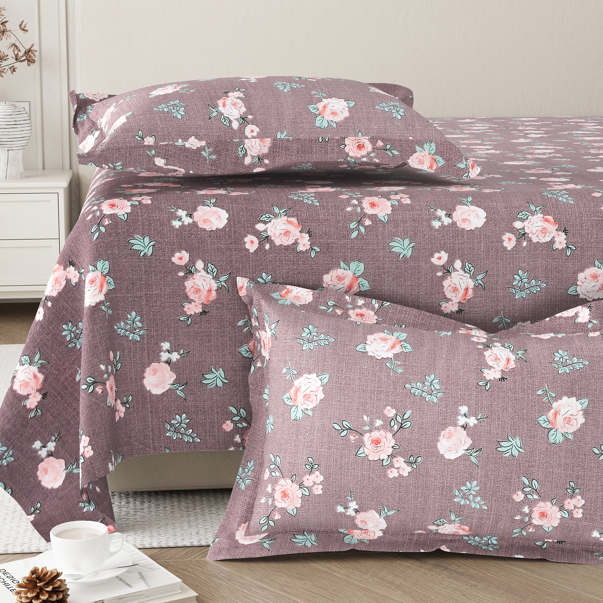 Daisy Single Bedsheet with 1 Pillow Cover 130 GSM Micropeach Rose Beauty Grey