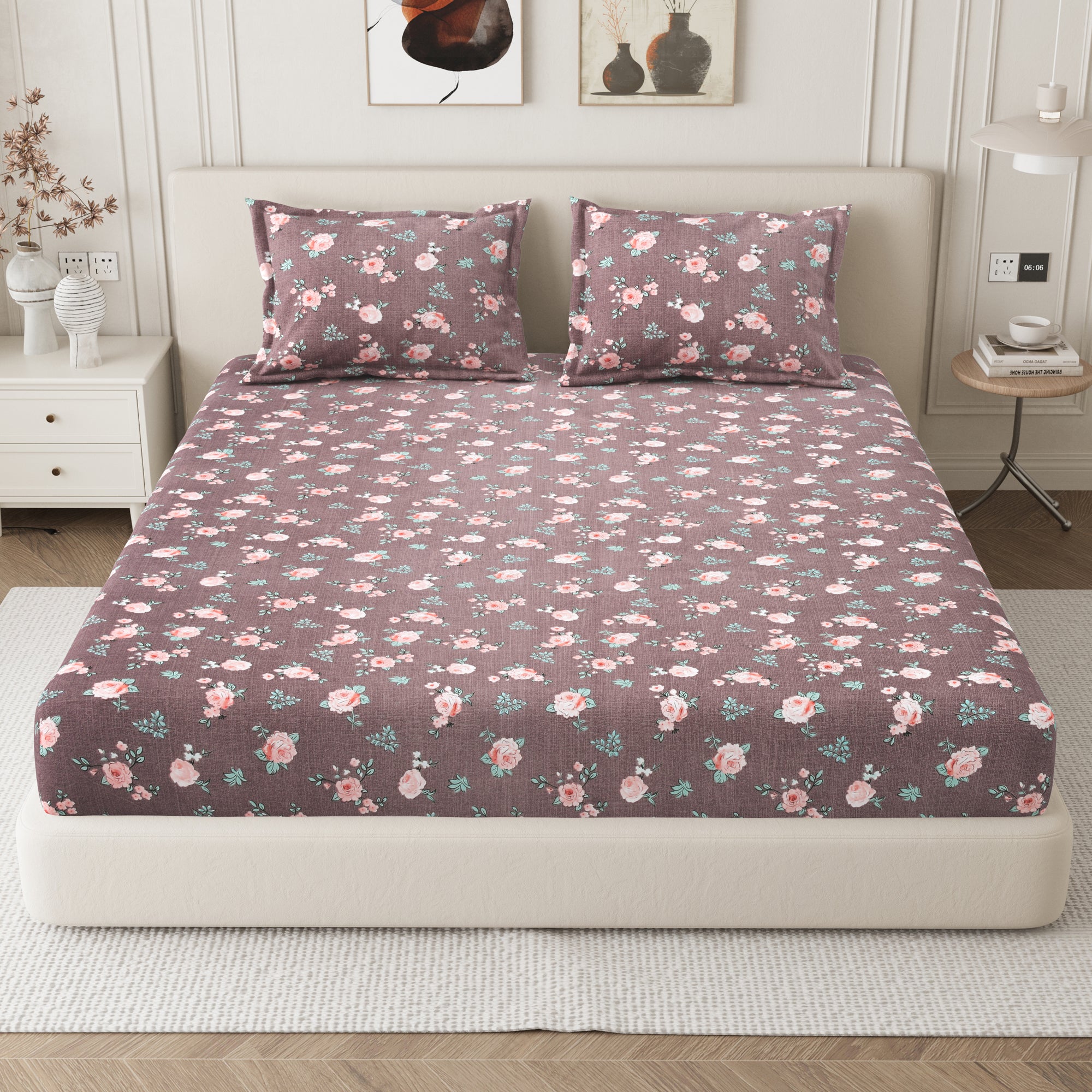 Daisy Queen Fitted Sheet with 2 Pillow Covers 130 GSM Micropeach Rose Beauty Grey