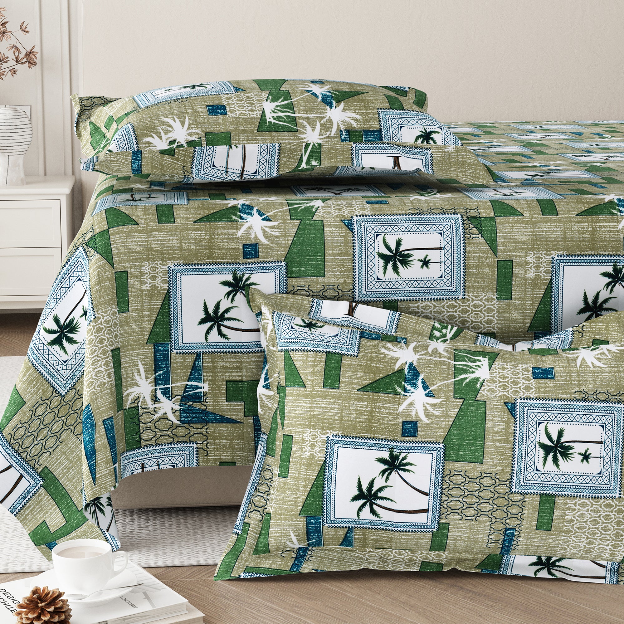 Daisy Single Bedsheet with 1 Pillow Cover 130 GSM Micropeach Palm Tree Green