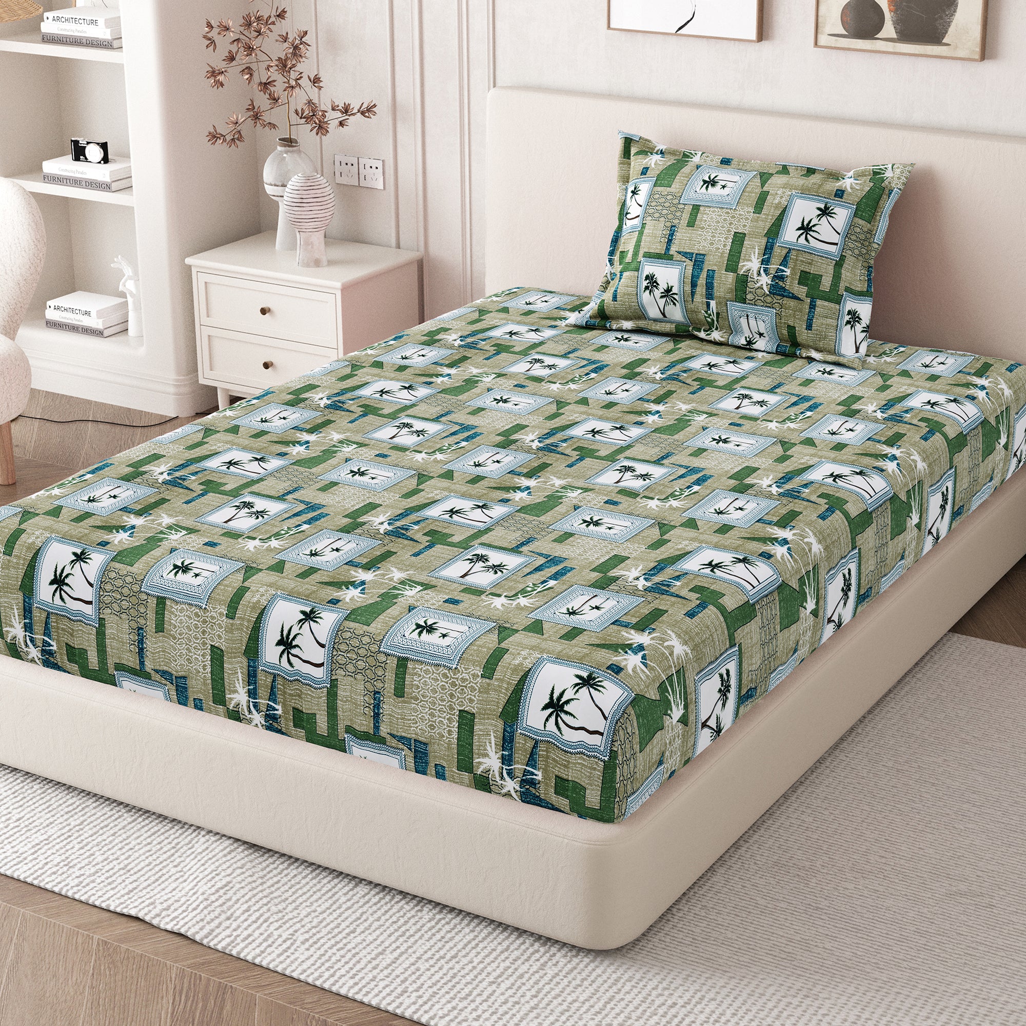 Daisy Single Bedsheet with 1 Pillow Cover 130 GSM Micropeach Palm Tree Green