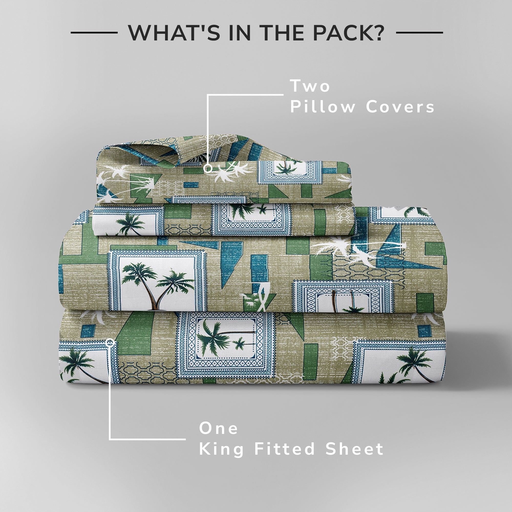 Daisy King Fitted Sheet with 2 Pillow Covers 130 GSM Micropeach Palm Tree Green