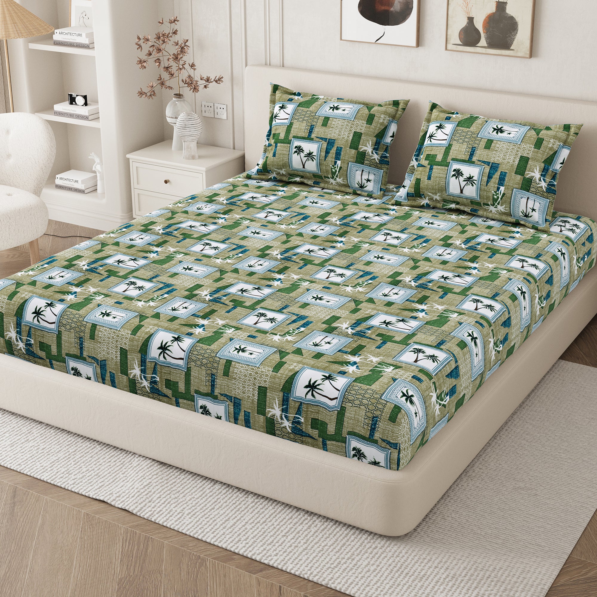 Daisy Queen Fitted Sheet with 2 Pillow Covers 130 GSM Micropeach Palm Tree Green