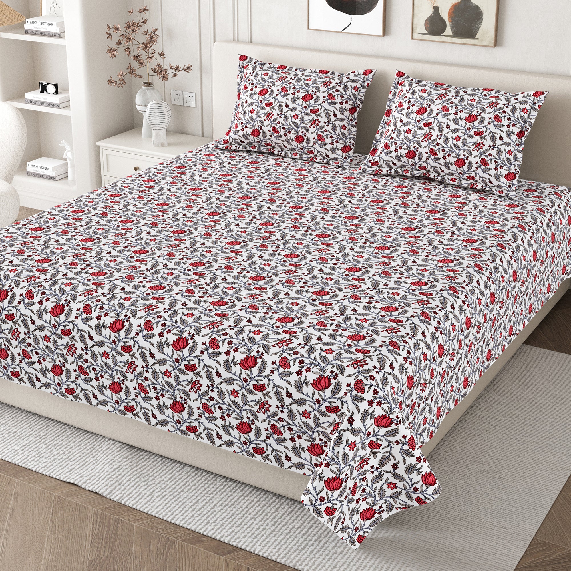 Daisy Queen Bedsheet with 2 Pillow Covers 130 GSM Micropeach Jaipuri Floral Red