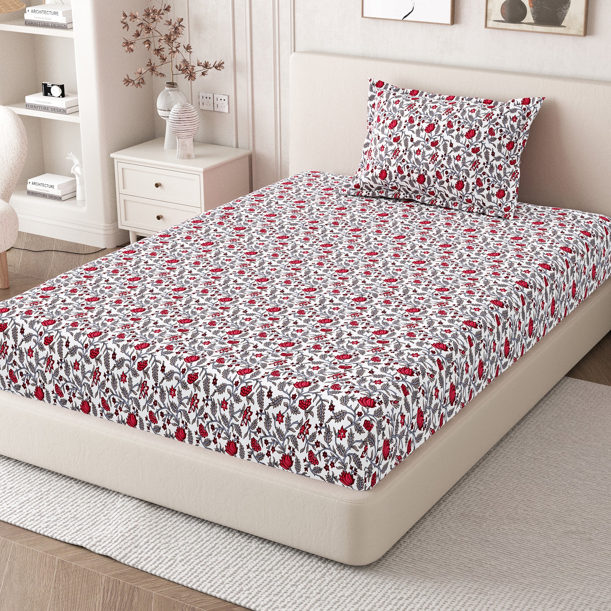 Daisy Single Bedsheet with 1 Pillow Cover 130 GSM Micropeach Jaipuri Floral Red