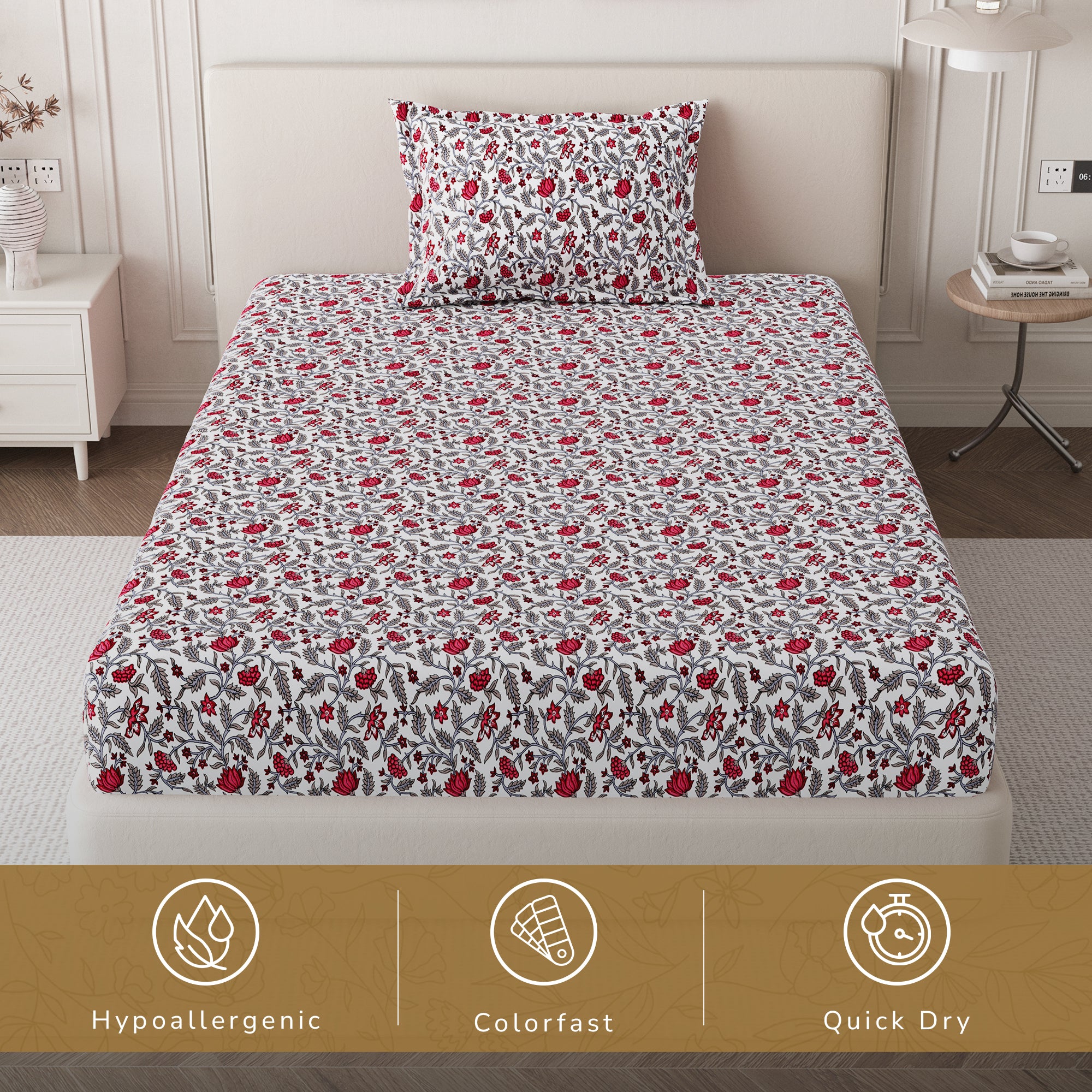 Daisy Single Bedsheet with 1 Pillow Cover 130 GSM Micropeach Jaipuri Floral Red